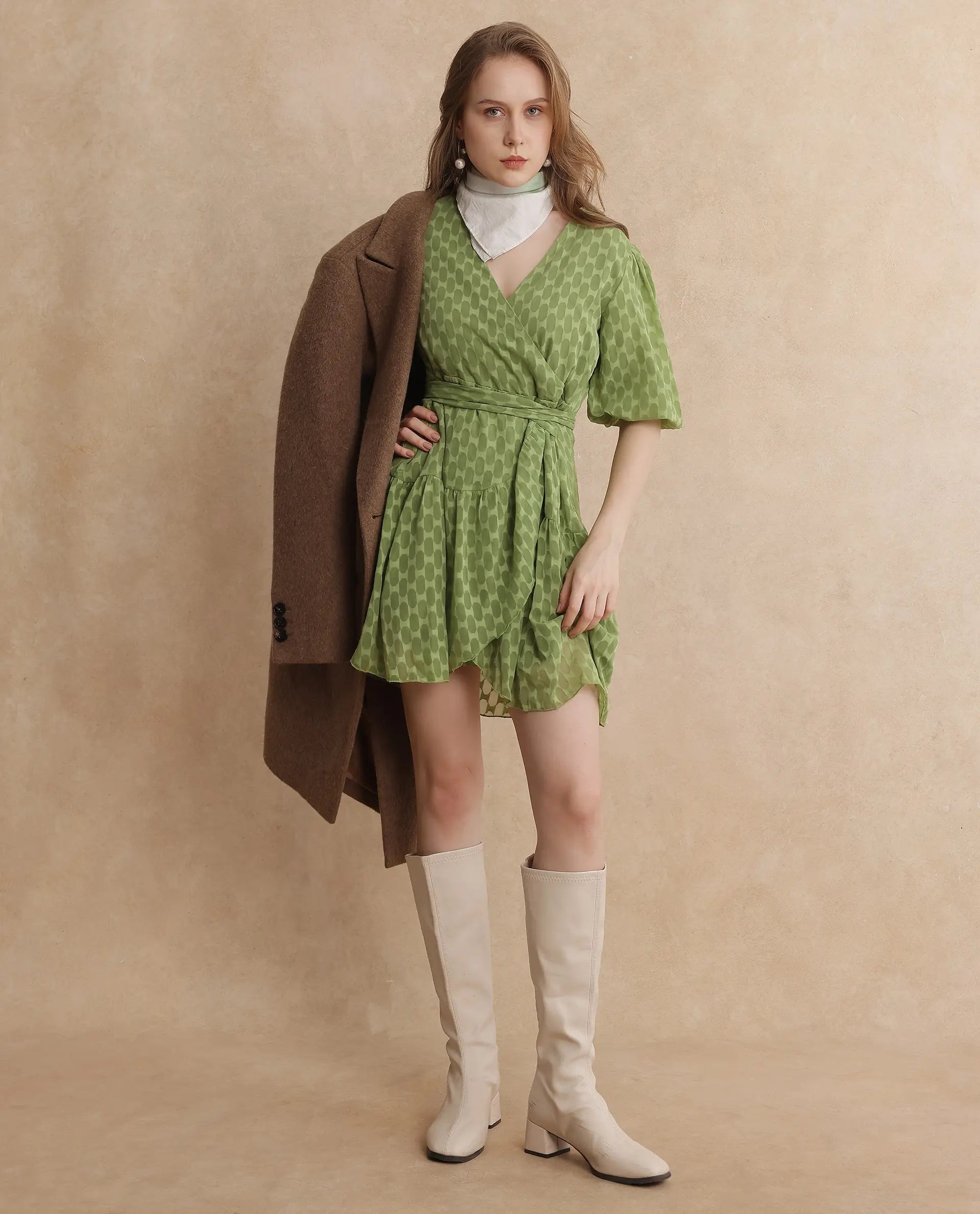 Rareism Women's Namika Light Green  V-Neck Tie-Up Closure Balloon Sleeve Plain Fit And Flare Mini Dress