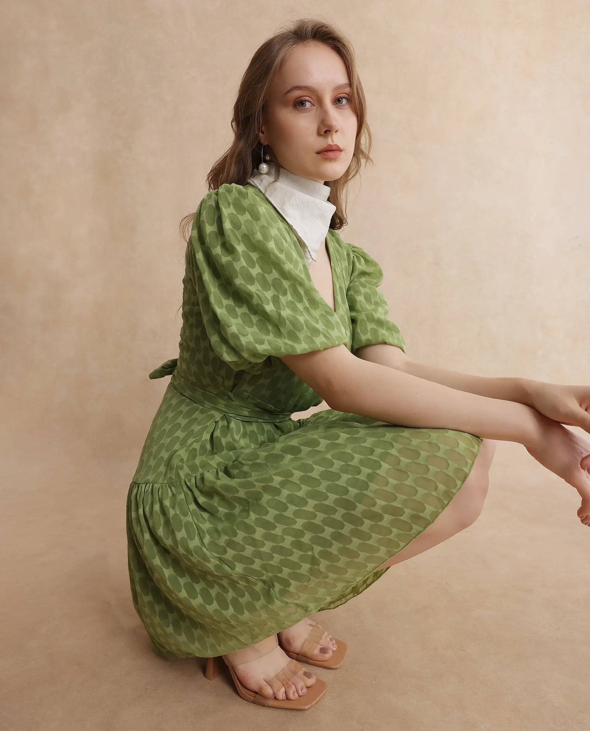 Rareism Women's Namika Light Green  V-Neck Tie-Up Closure Balloon Sleeve Plain Fit And Flare Mini Dress