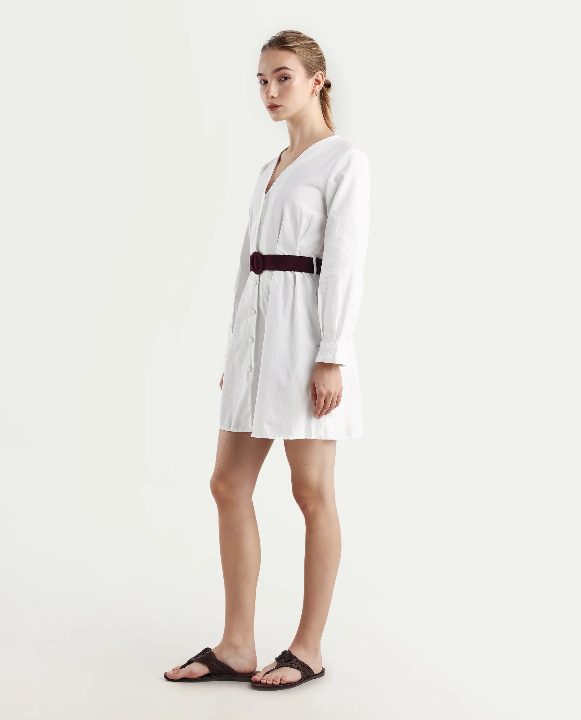 Rareism Women's Nami White Cotton V-Neck Plain Mini Regular Fit Dress