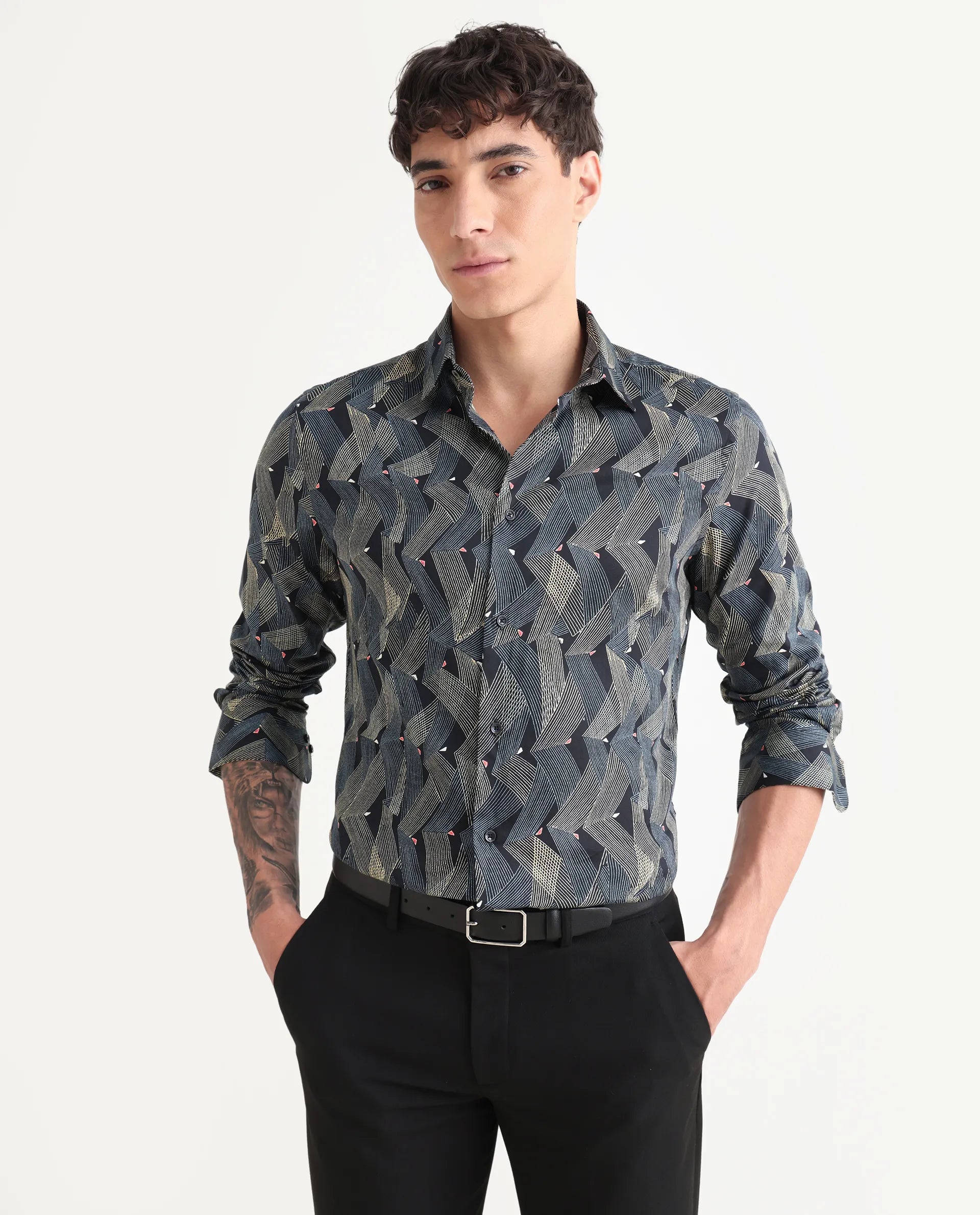 Rare Rabbit Men's Nant-25 Black Cotton Blend Geometric Print Regular Fit Full Sleeve Collared Shirt