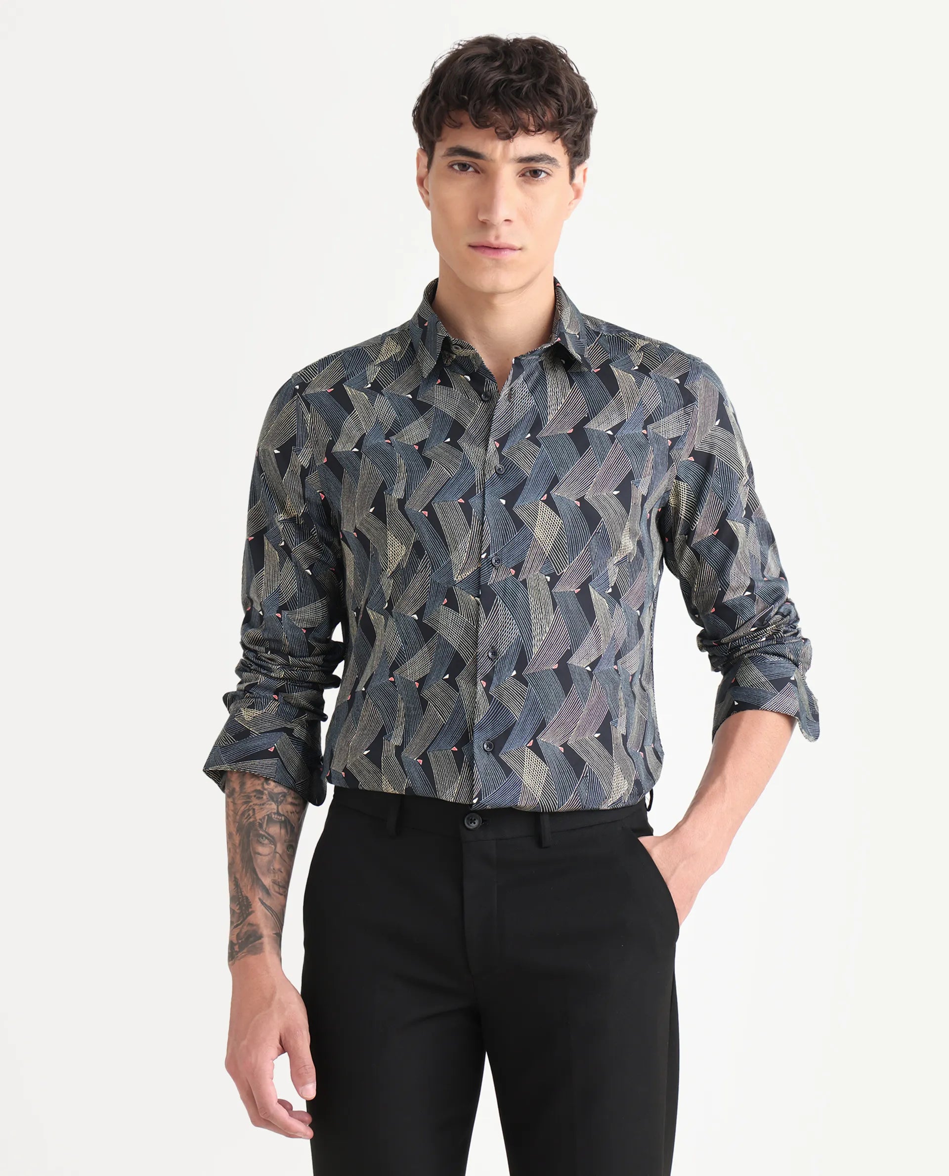 Rare Rabbit Men's Nant-25 Black Cotton Blend Geometric Print Regular Fit Full Sleeve Collared Shirt