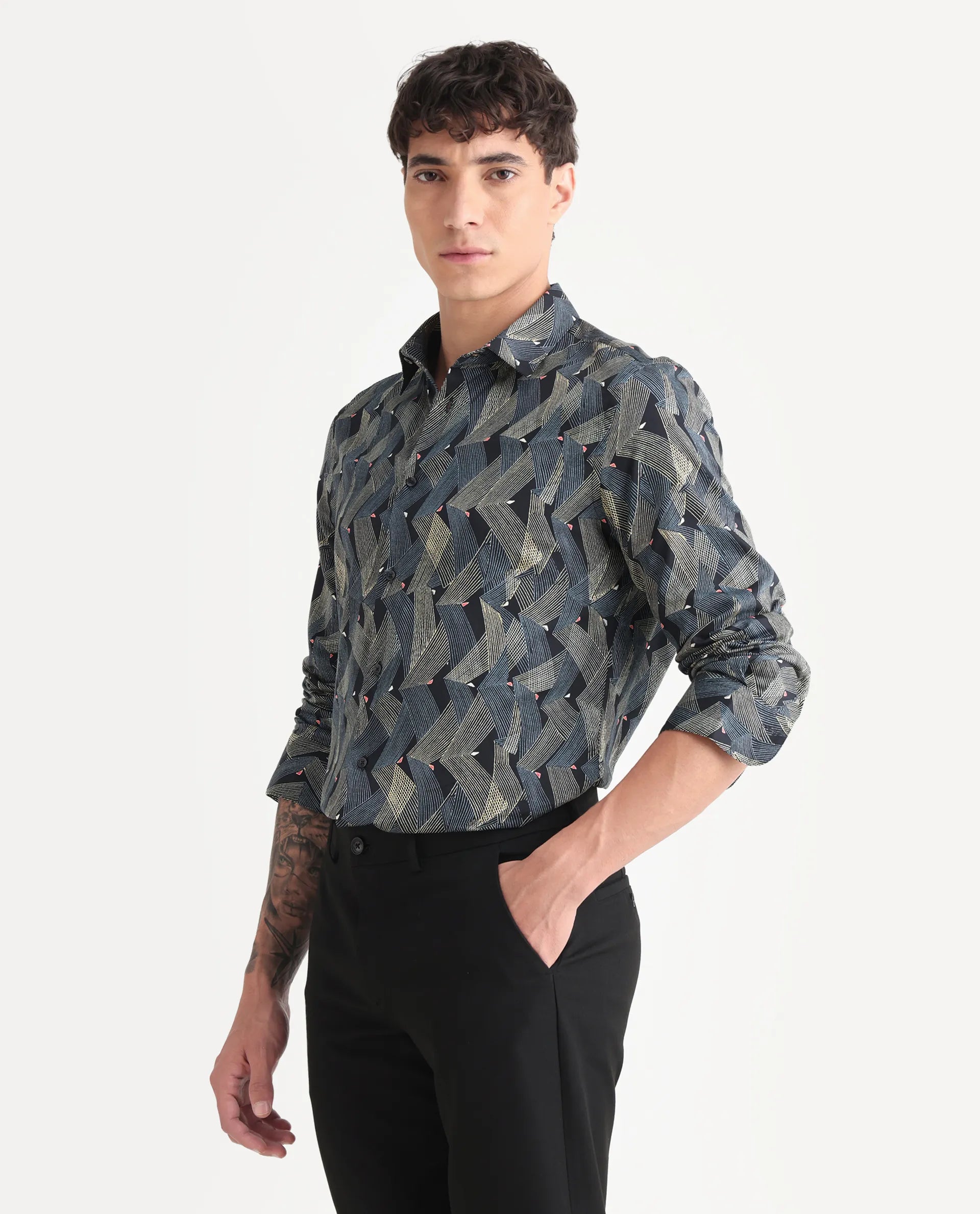 Rare Rabbit Men's Nant-25 Black Cotton Blend Geometric Print Regular Fit Full Sleeve Collared Shirt