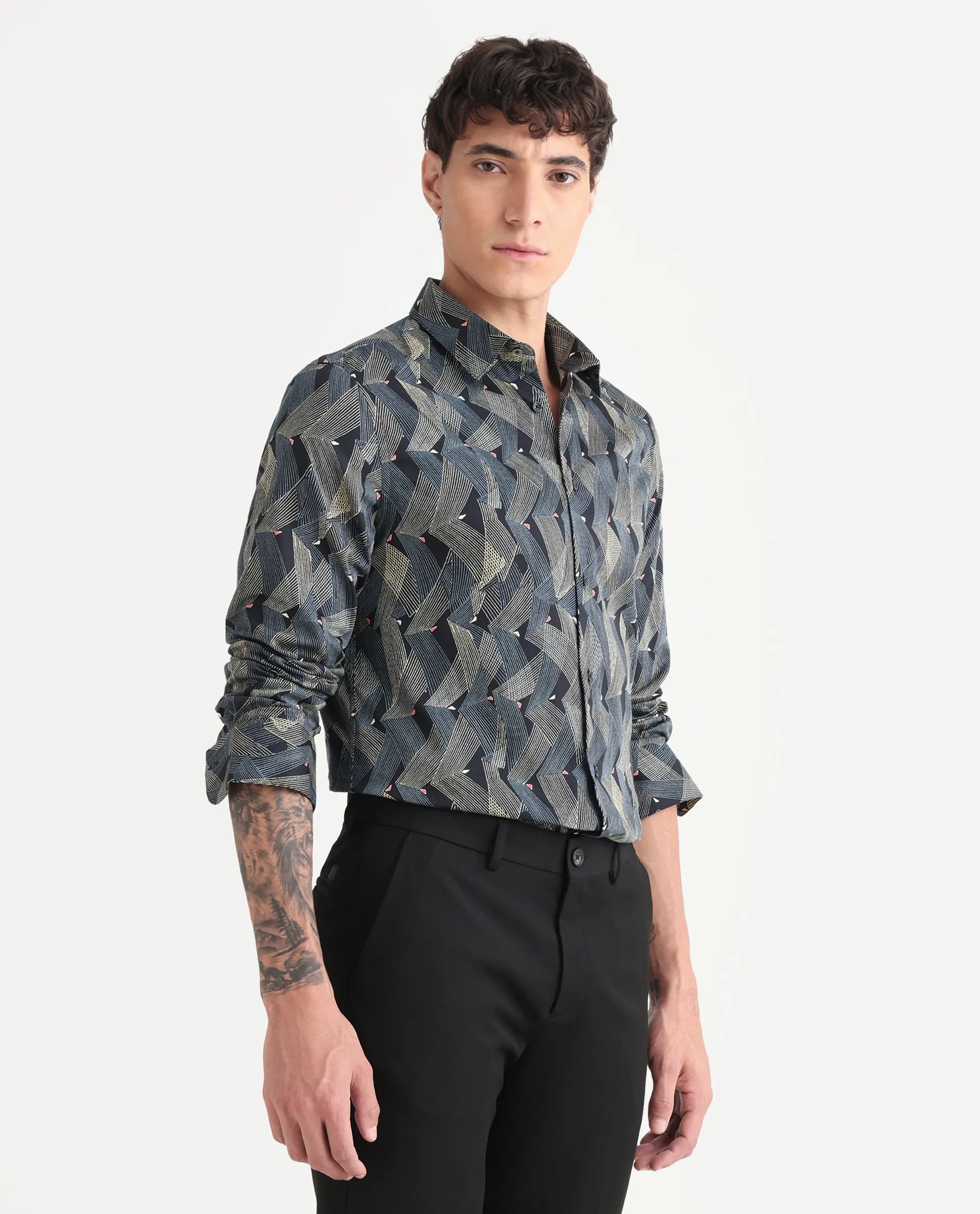 Rare Rabbit Men's Nant-25 Black Cotton Blend Geometric Print Regular Fit Full Sleeve Collared Shirt