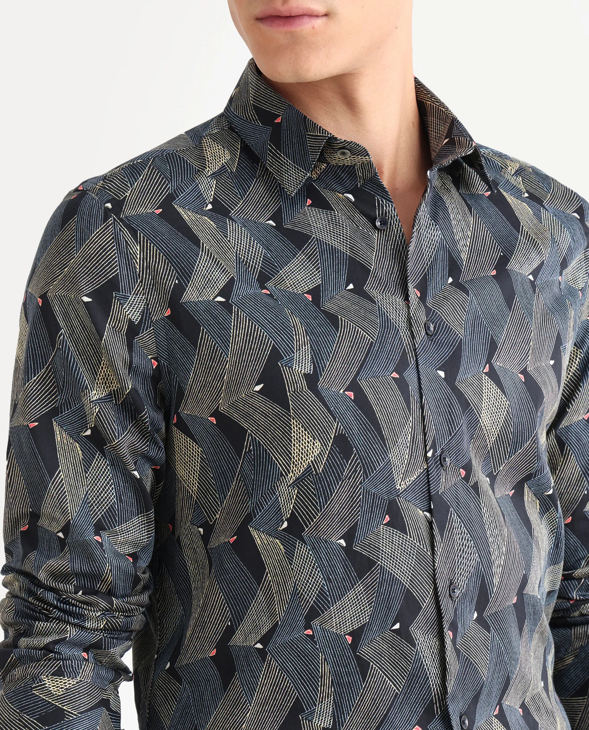 Rare Rabbit Men's Nant-25 Black Cotton Blend Geometric Print Regular Fit Full Sleeve Collared Shirt