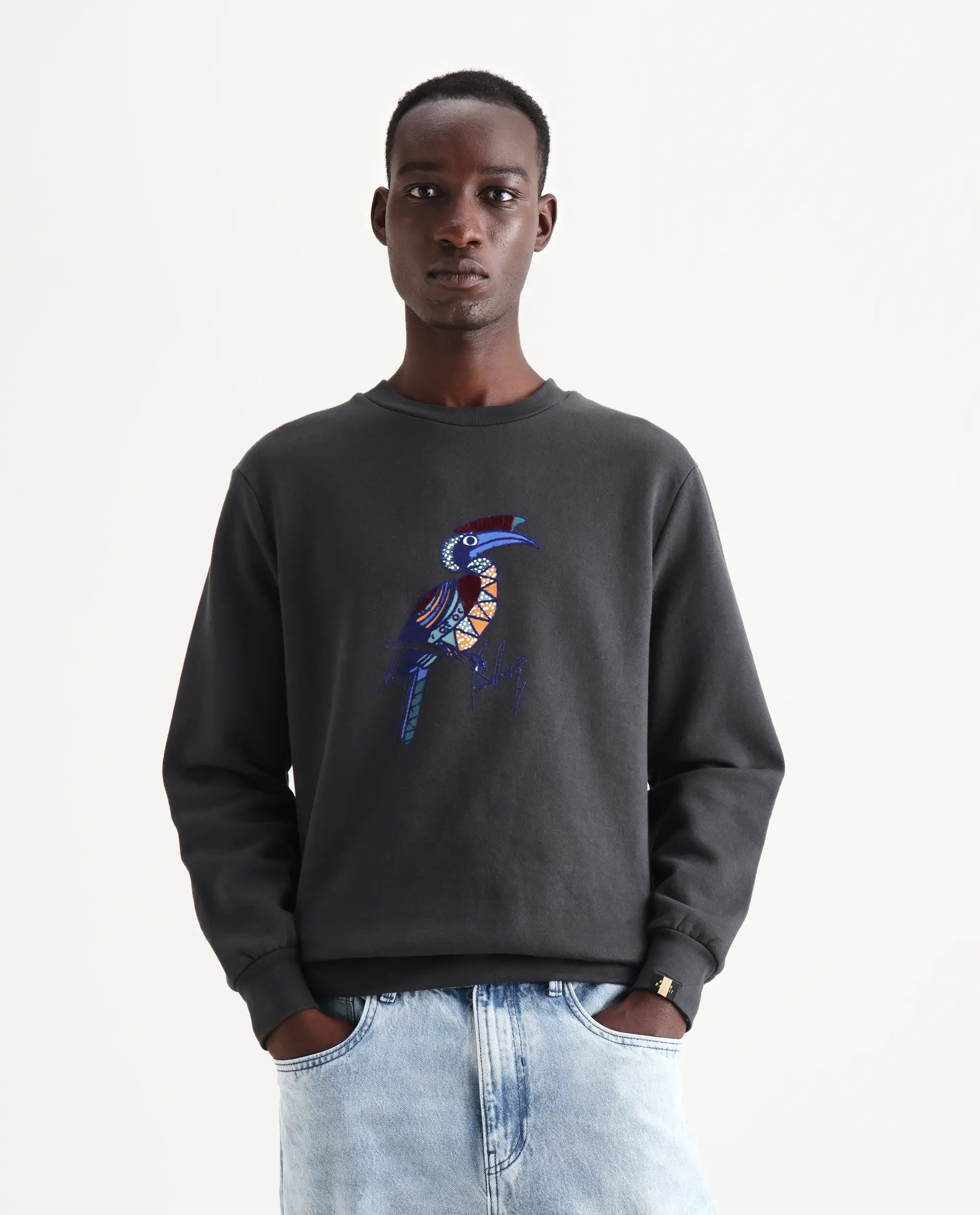 Rare Rabbit Men's Nantes Dark Grey Cotton Blend Graphic Print Boxy Fit Full Sleeve Crew Neck Sweatshirt