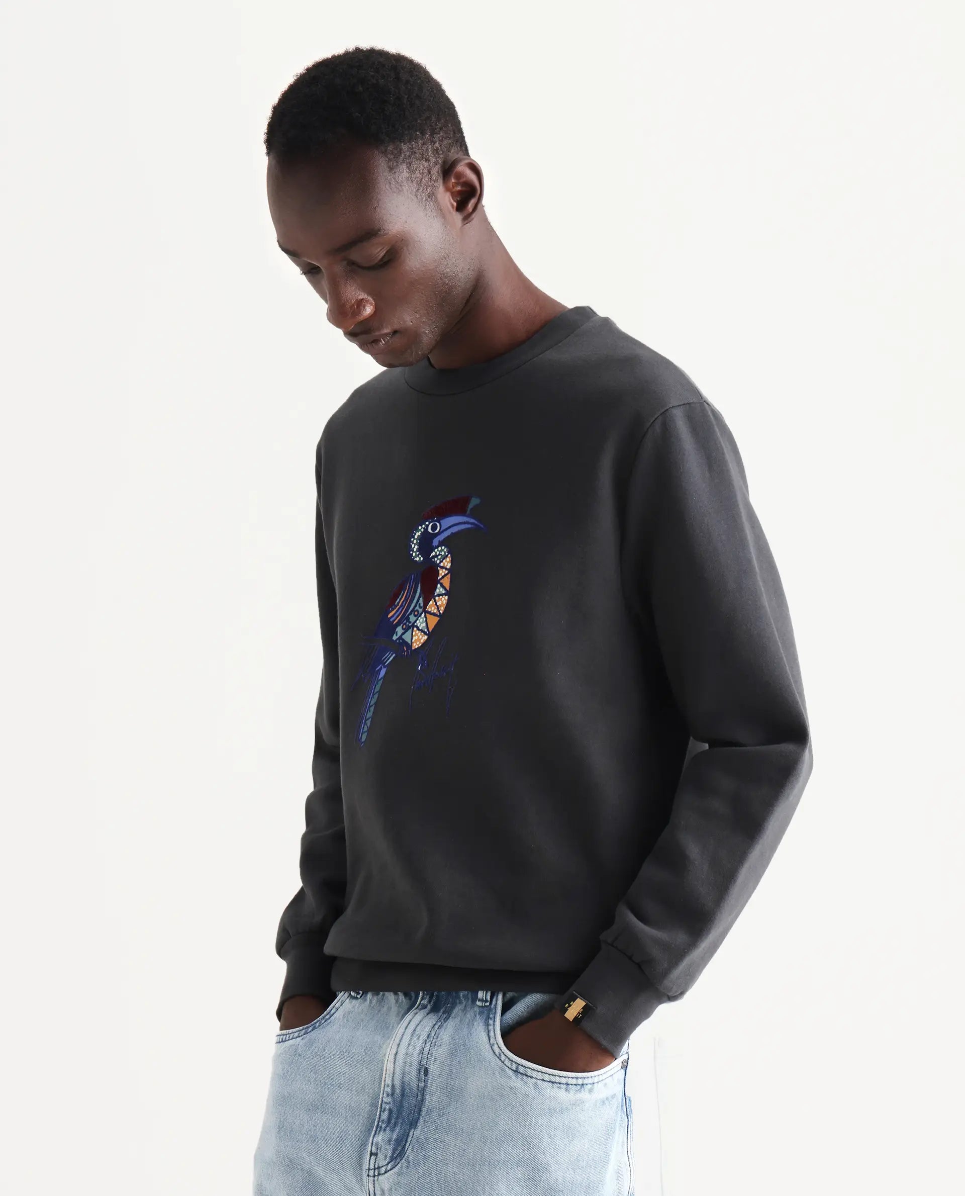 Rare Rabbit Men's Nantes Dark Grey Cotton Blend Graphic Print Boxy Fit Full Sleeve Crew Neck Sweatshirt