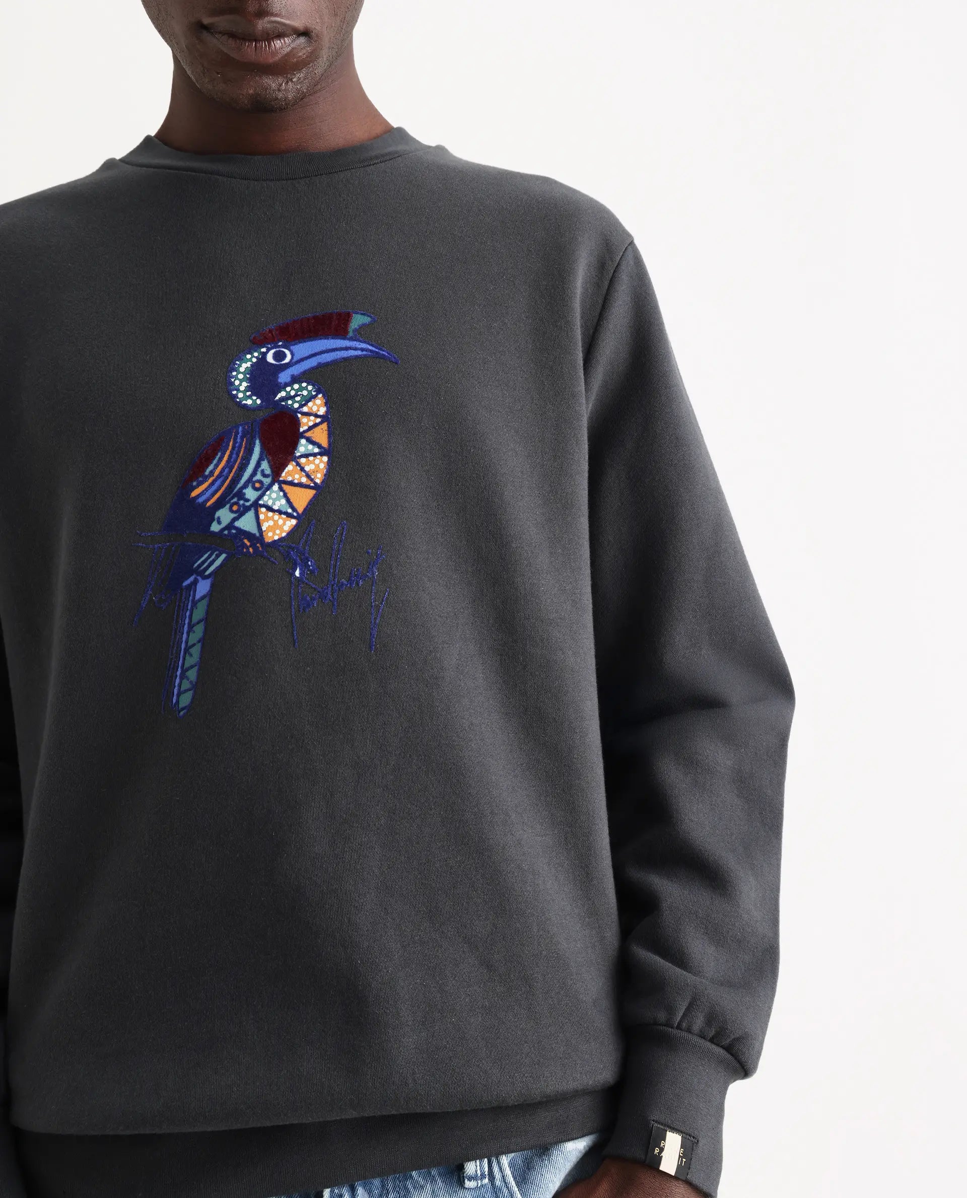 Rare Rabbit Men's Nantes Dark Grey Cotton Blend Graphic Print Boxy Fit Full Sleeve Crew Neck Sweatshirt