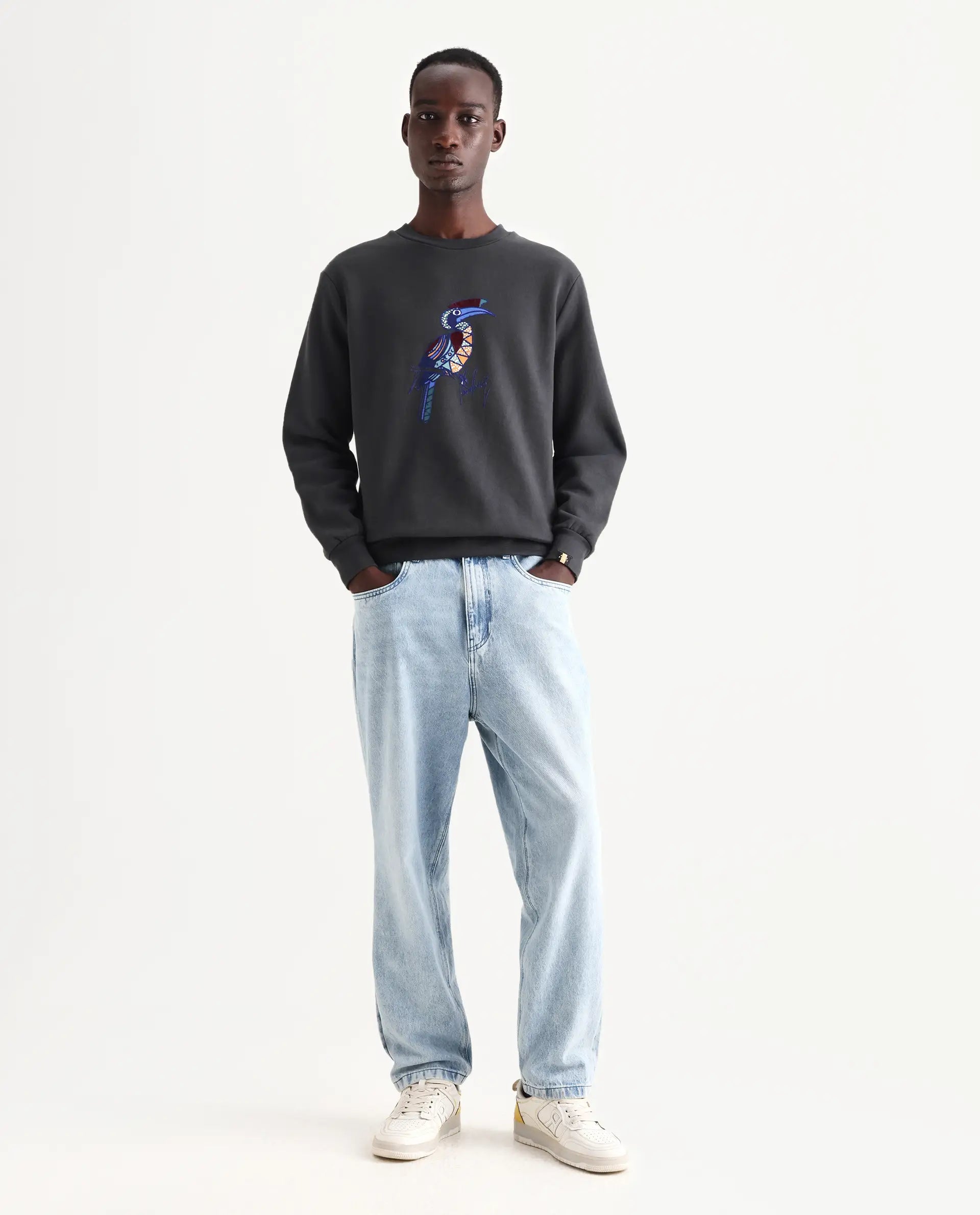 Rare Rabbit Men's Nantes Dark Grey Cotton Blend Graphic Print Boxy Fit Full Sleeve Crew Neck Sweatshirt