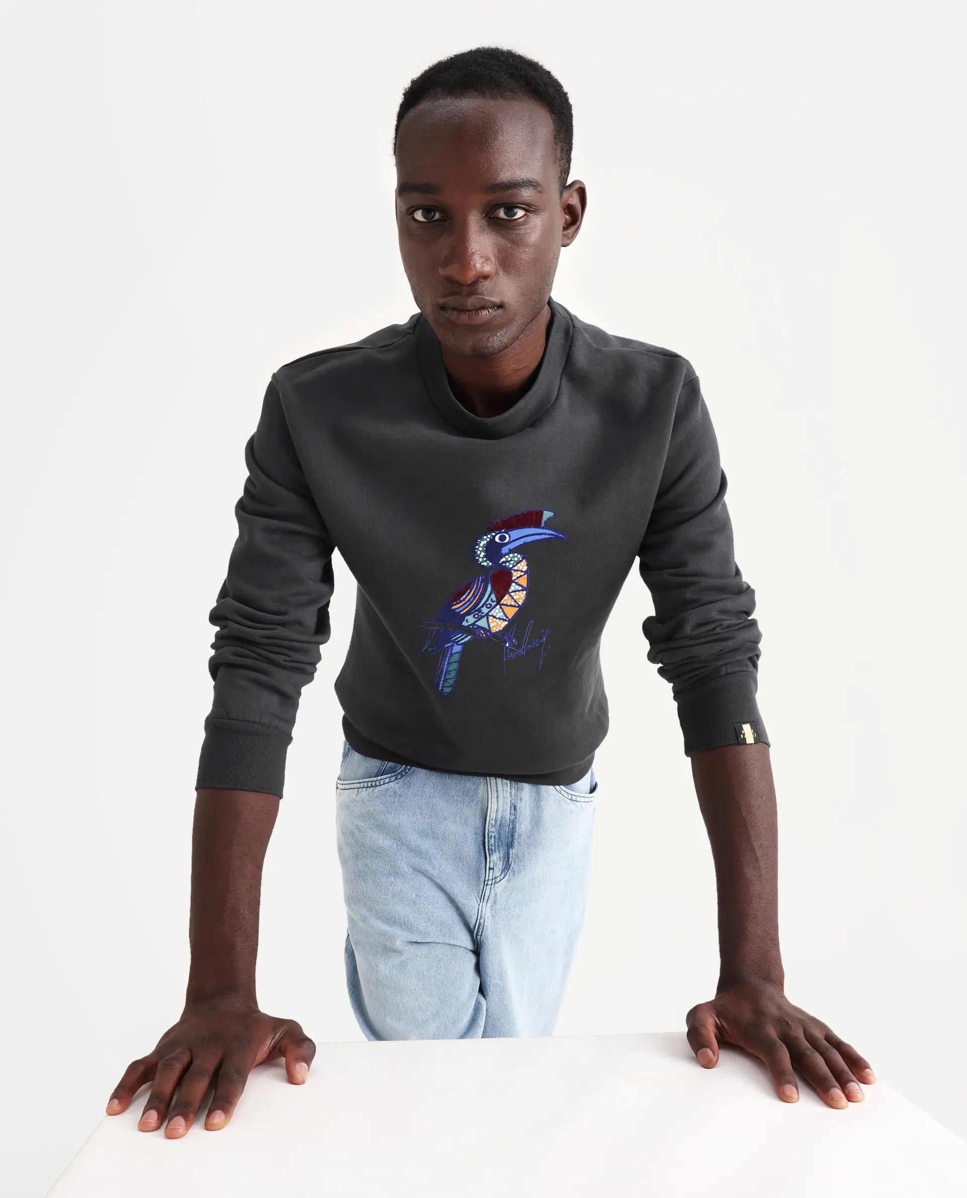 Rare Rabbit Men's Nantes Dark Grey Cotton Blend Graphic Print Boxy Fit Full Sleeve Crew Neck Sweatshirt