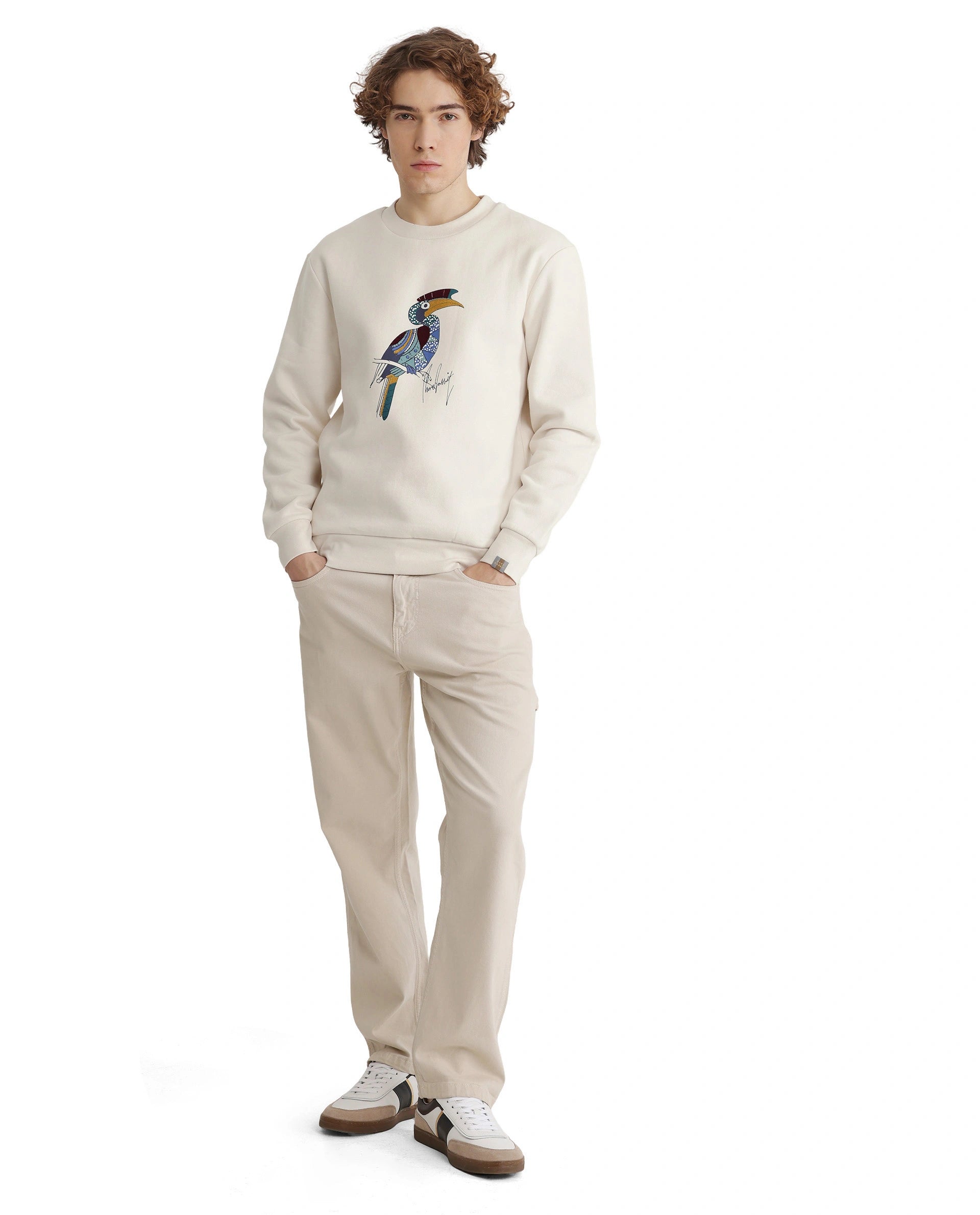 Rare Rabbit Men Nantes Off White Cotton Blend Fabric Full Sleeve Crew Neck Oversized Fit Flock and HD Animal Print Sweatshirt