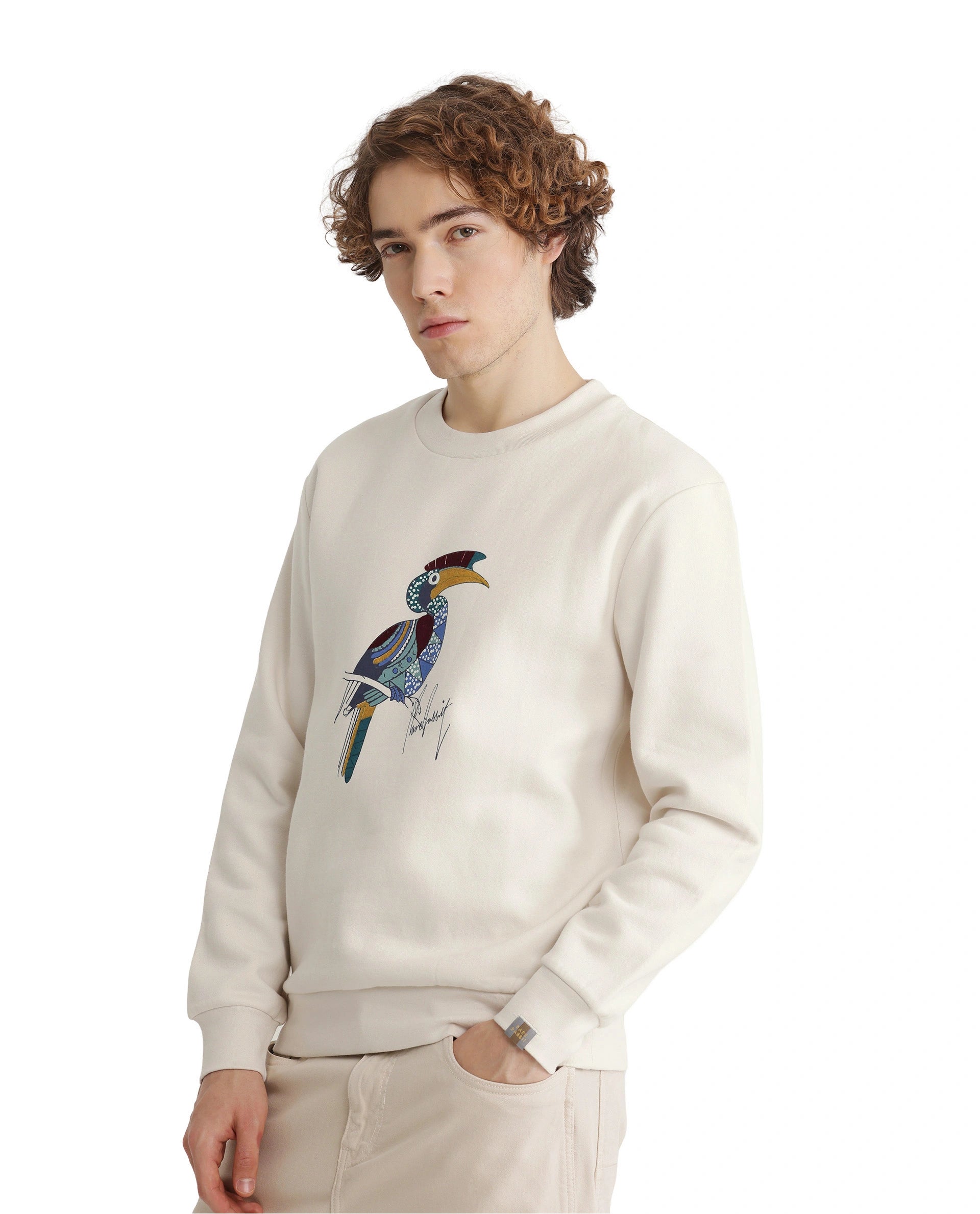 Rare Rabbit Men Nantes Off White Cotton Blend Fabric Full Sleeve Crew Neck Oversized Fit Flock and HD Animal Print Sweatshirt