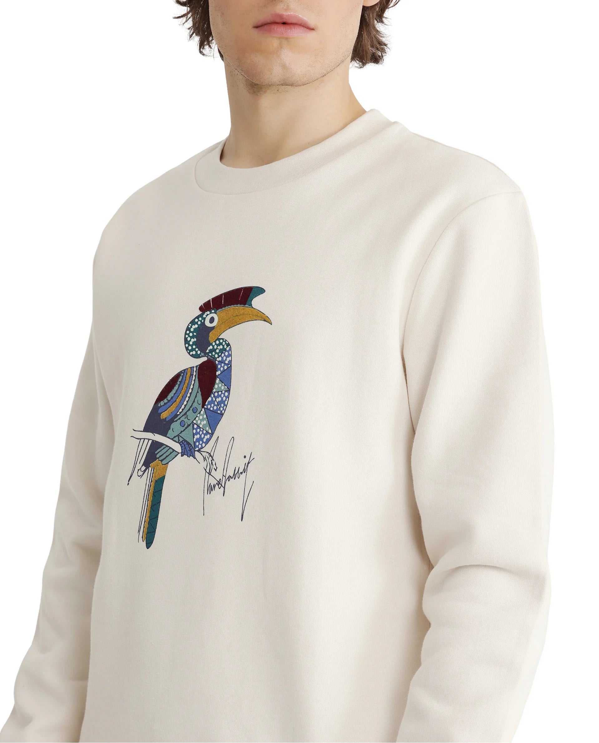 Rare Rabbit Men Nantes Off White Cotton Blend Fabric Full Sleeve Crew Neck Oversized Fit Flock and HD Animal Print Sweatshirt