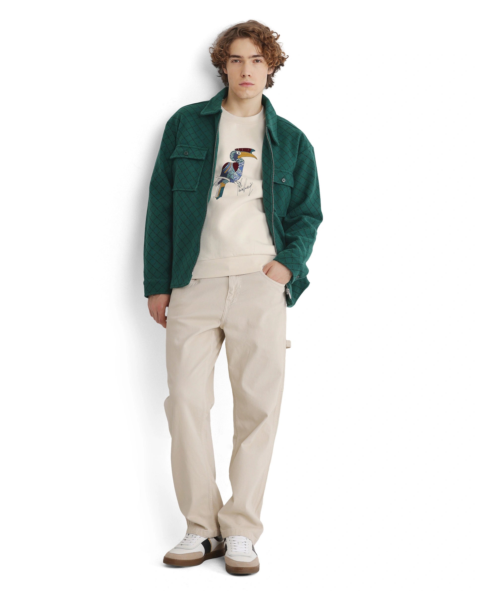 Rare Rabbit Men Nantes Off White Cotton Blend Fabric Full Sleeve Crew Neck Oversized Fit Flock and HD Animal Print Sweatshirt