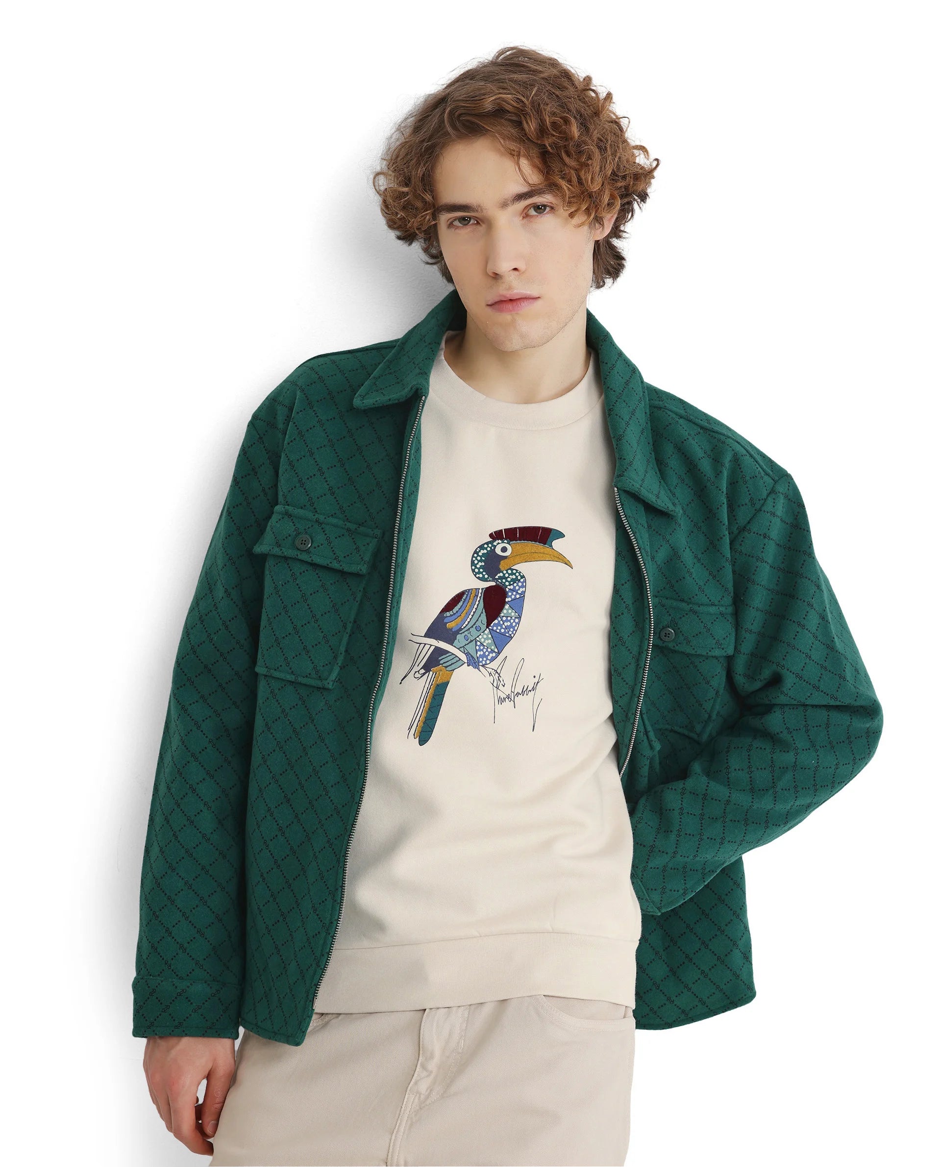 Rare Rabbit Men Nantes Off White Cotton Blend Fabric Full Sleeve Crew Neck Oversized Fit Flock and HD Animal Print Sweatshirt