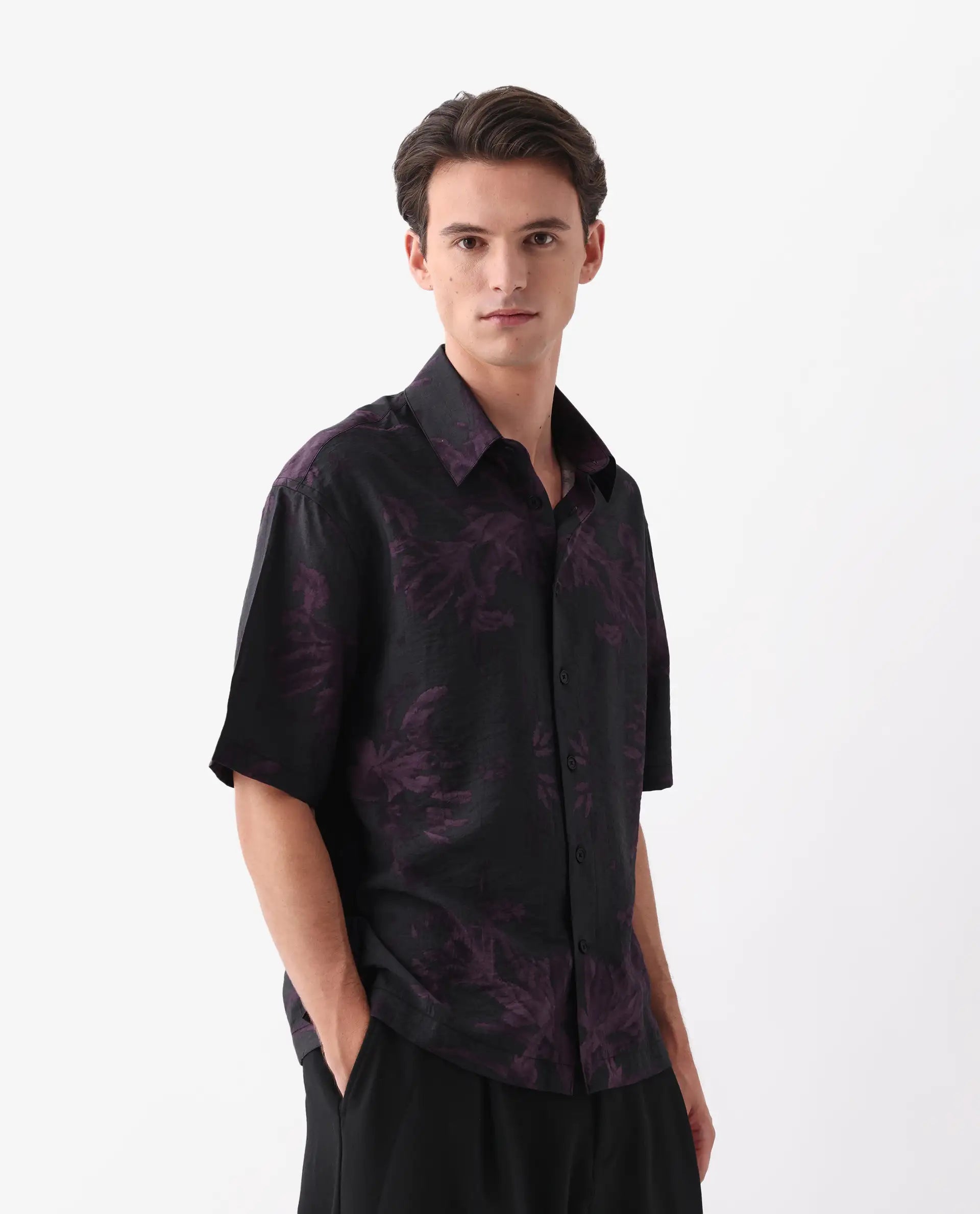 Rare Rabbit Men's Nao Black Cotton Blend Abstract Print Boxy Fit Half Sleeve Collared Shirt