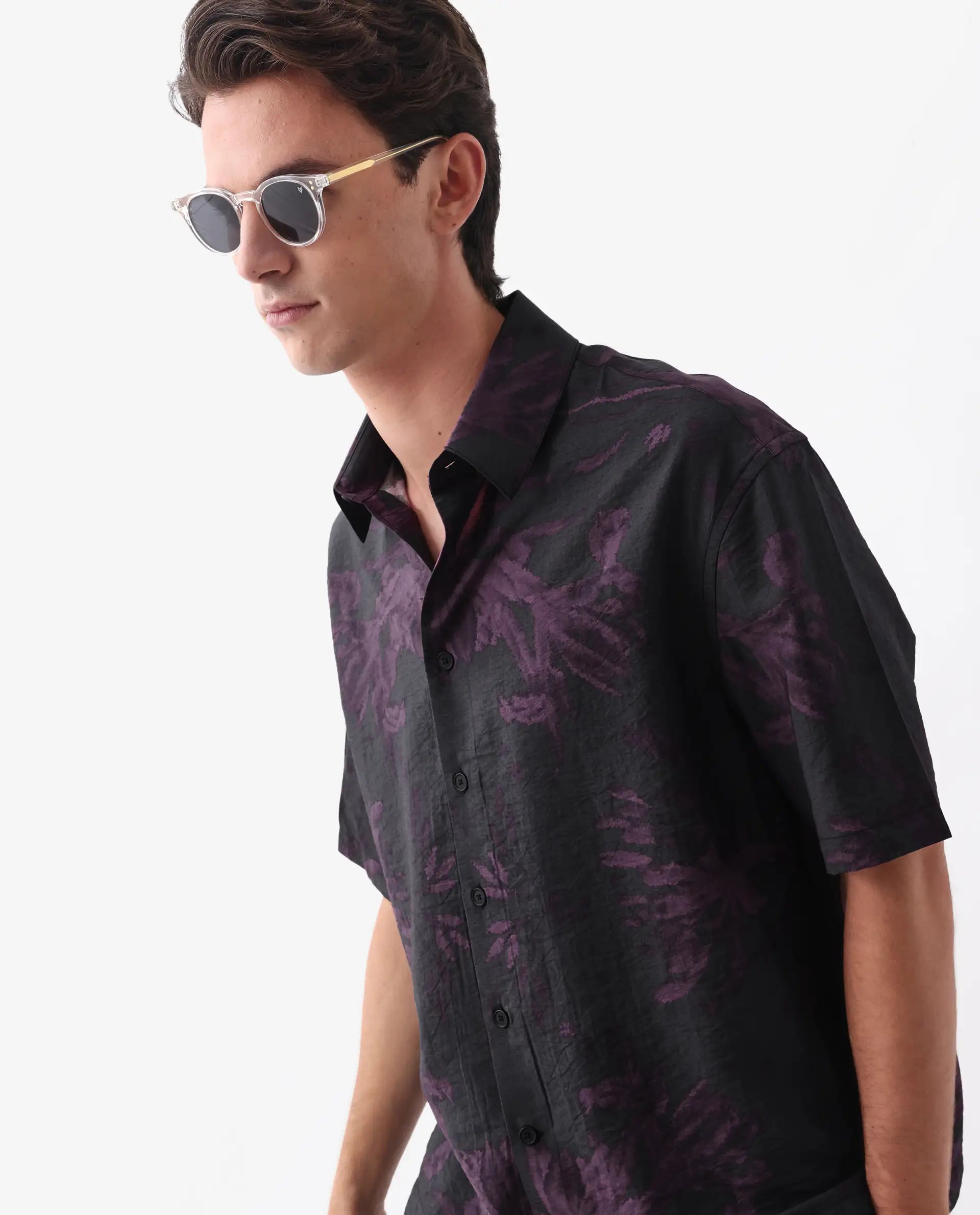 Rare Rabbit Men's Nao Black Cotton Blend Abstract Print Boxy Fit Half Sleeve Collared Shirt