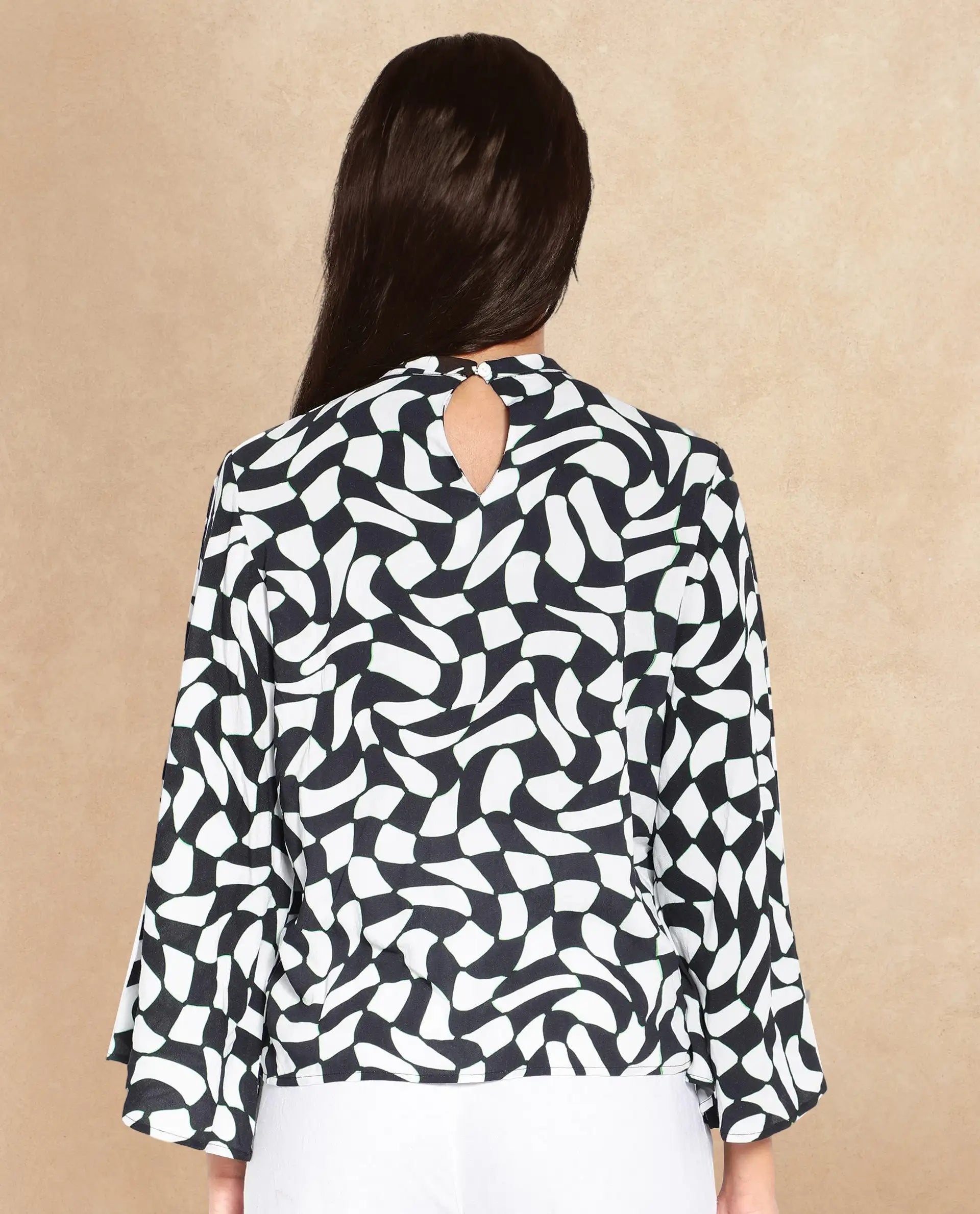 Rareism Women Napleo Black Bell Sleeves High Neck Button Geometric Print Top