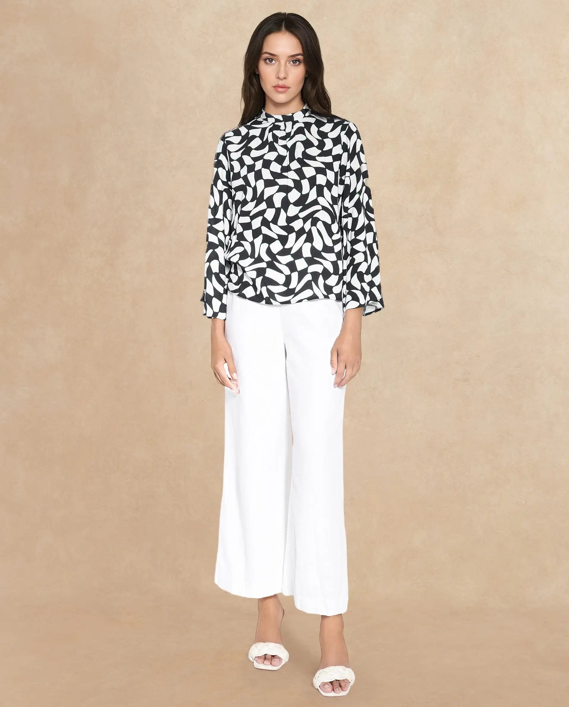 Rareism Women Napleo Black Bell Sleeves High Neck Button Geometric Print Top