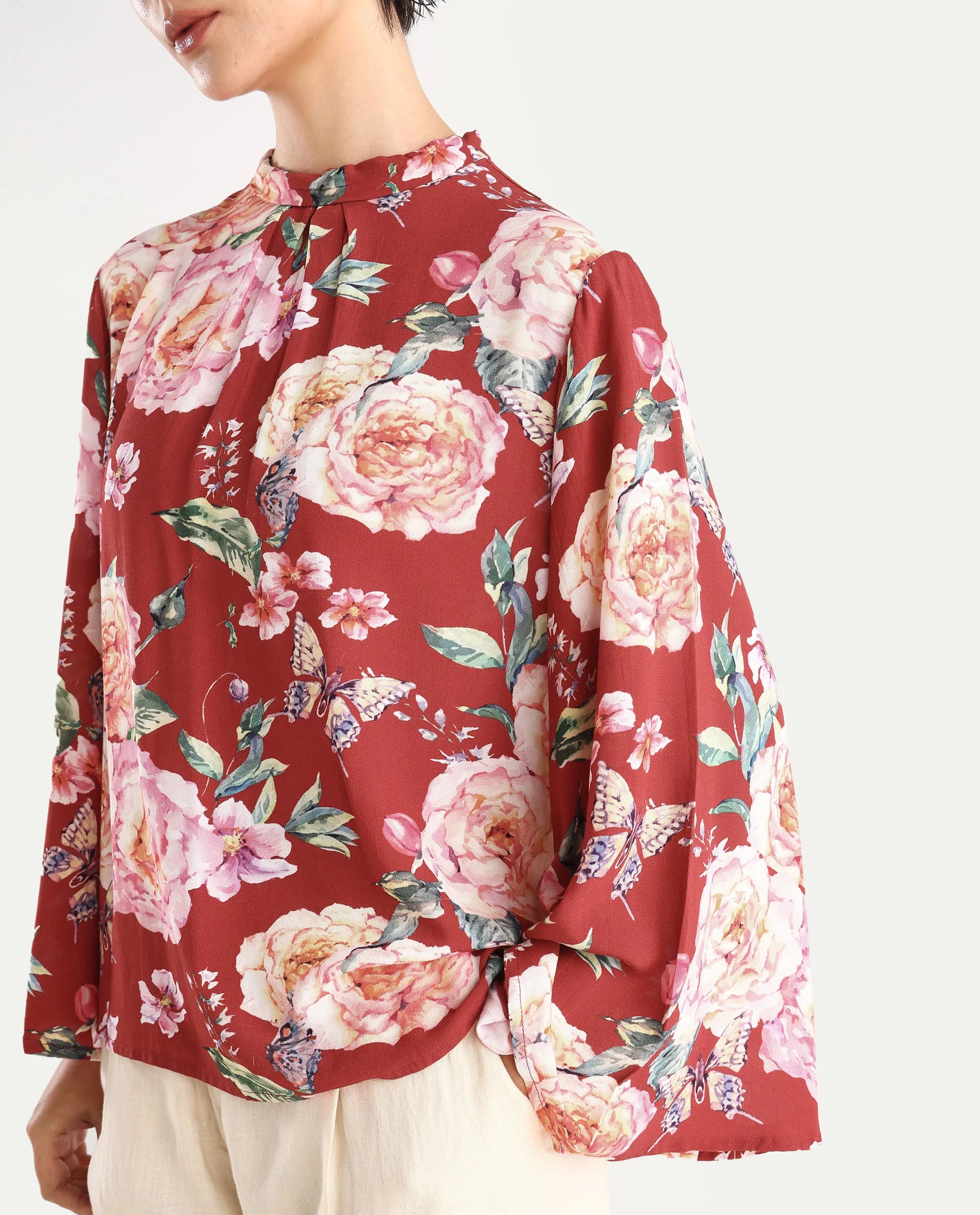 Rareism Women's Naplesco Maroon Viscose Blend High Neck Floral Print Bell Sleeve Regular Fit Top