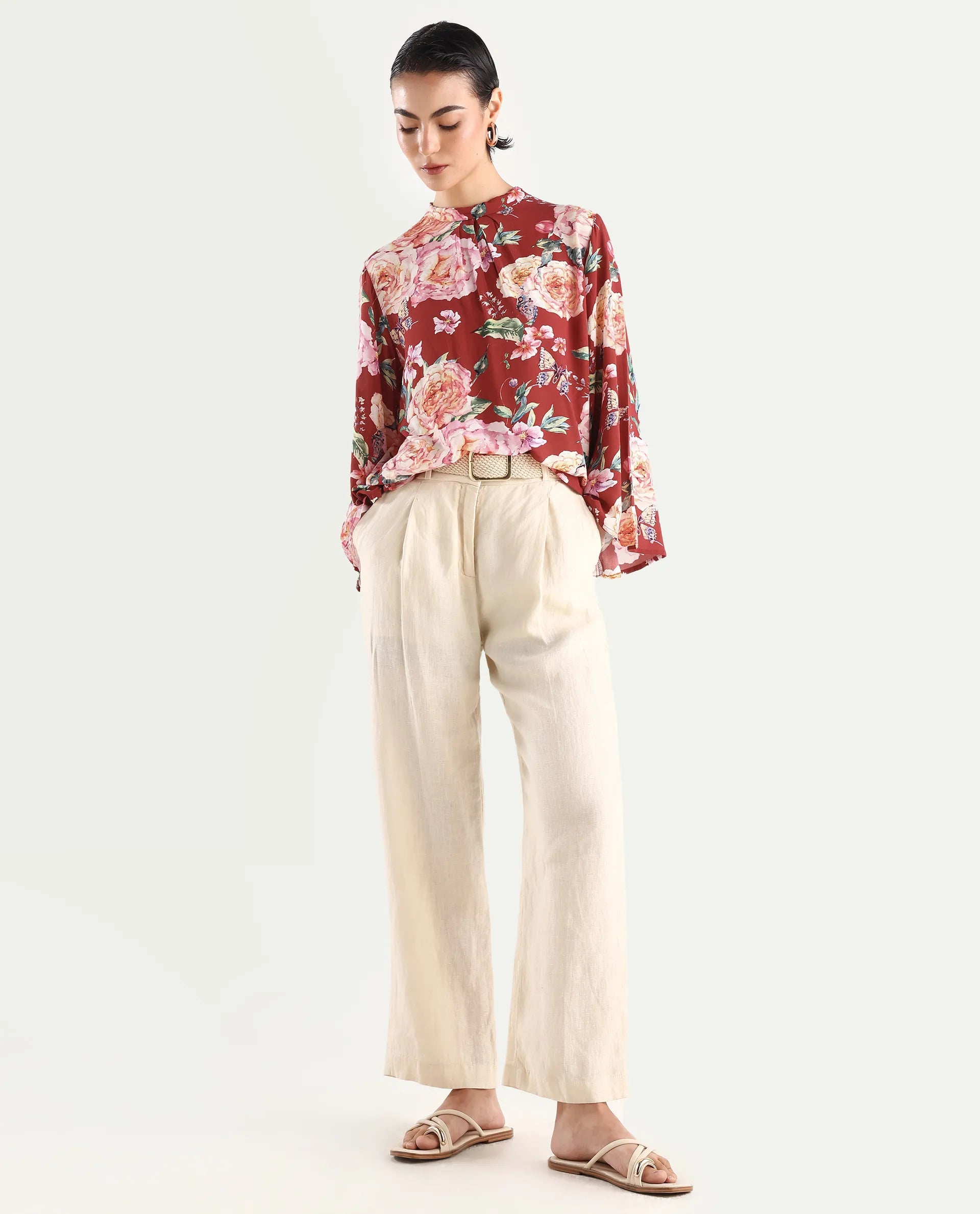 Rareism Women's Naplesco Maroon Viscose Blend High Neck Floral Print Bell Sleeve Regular Fit Top