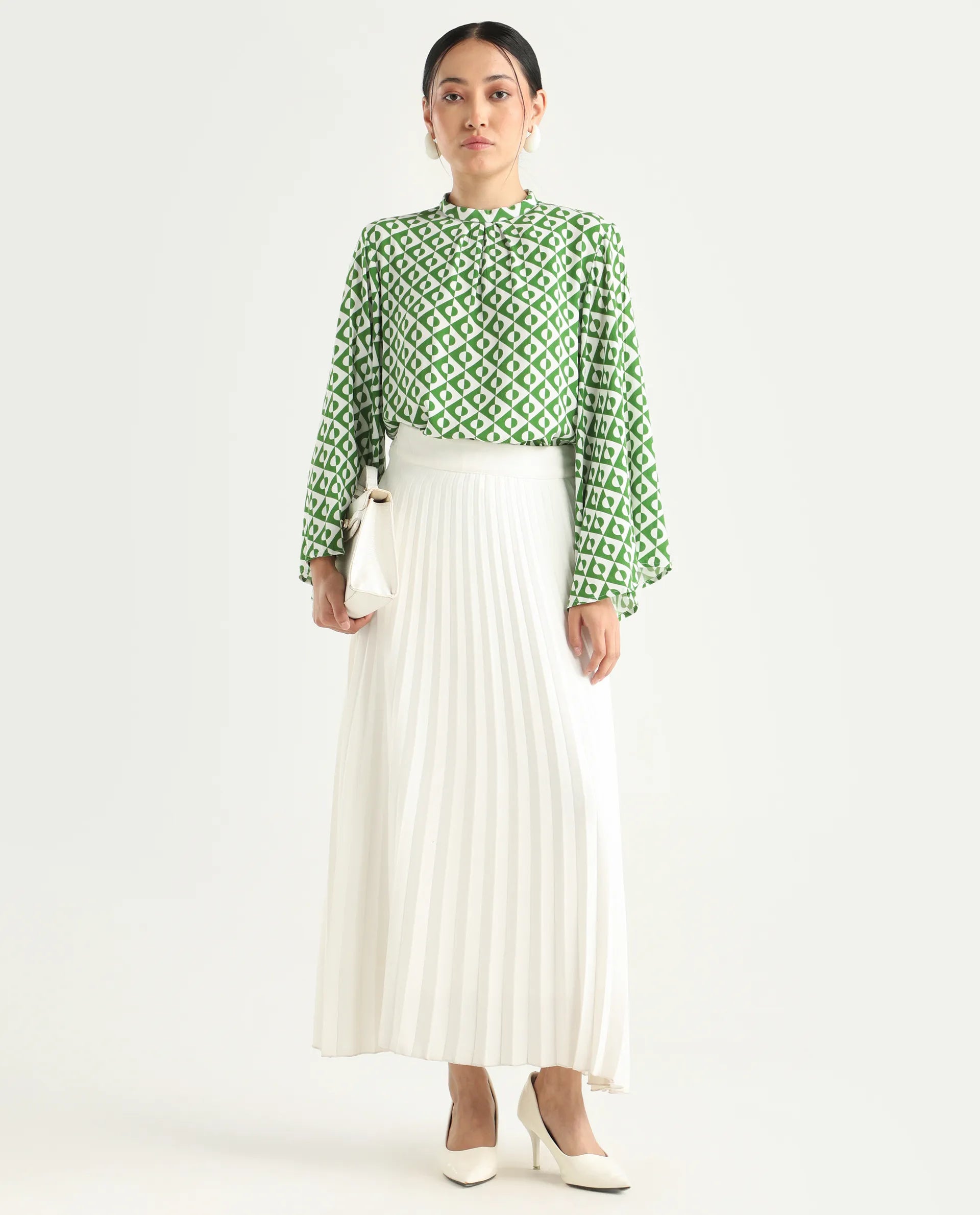 Rareism Women's Naples Dark Green Viscose Blend High Neck Geometric Print Bell Sleeve Regular Fit Top