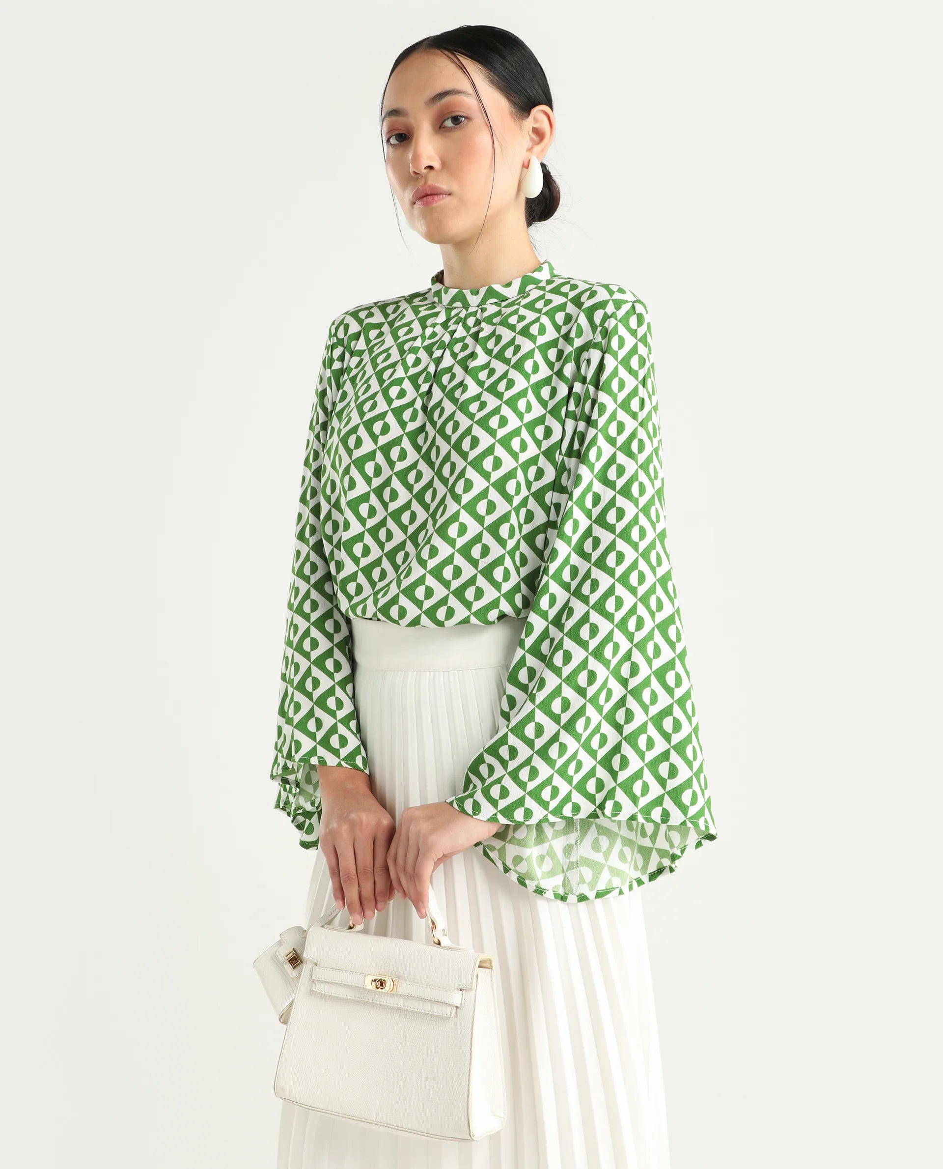 Rareism Women's Naples Dark Green Viscose Blend High Neck Geometric Print Bell Sleeve Regular Fit Top