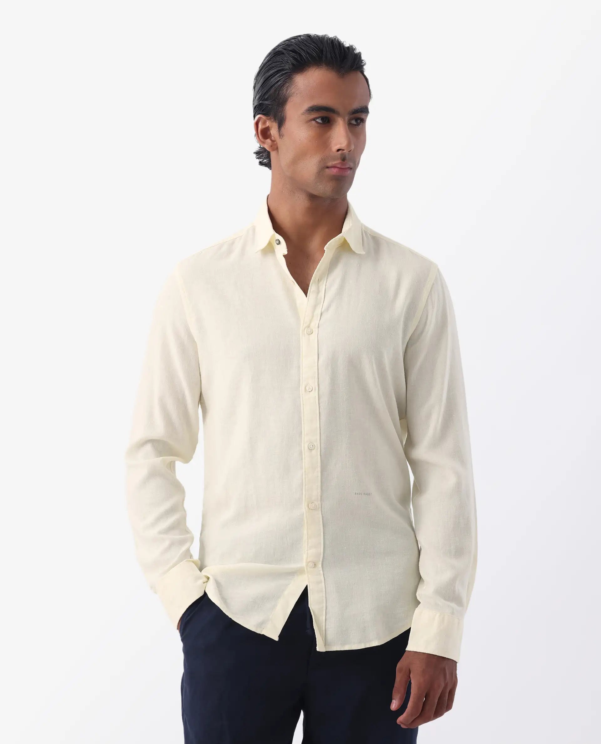 Rare Rabbit Men's Naples Yellow Linen Blend Plain Regular Fit Full Sleeve Collared Shirt