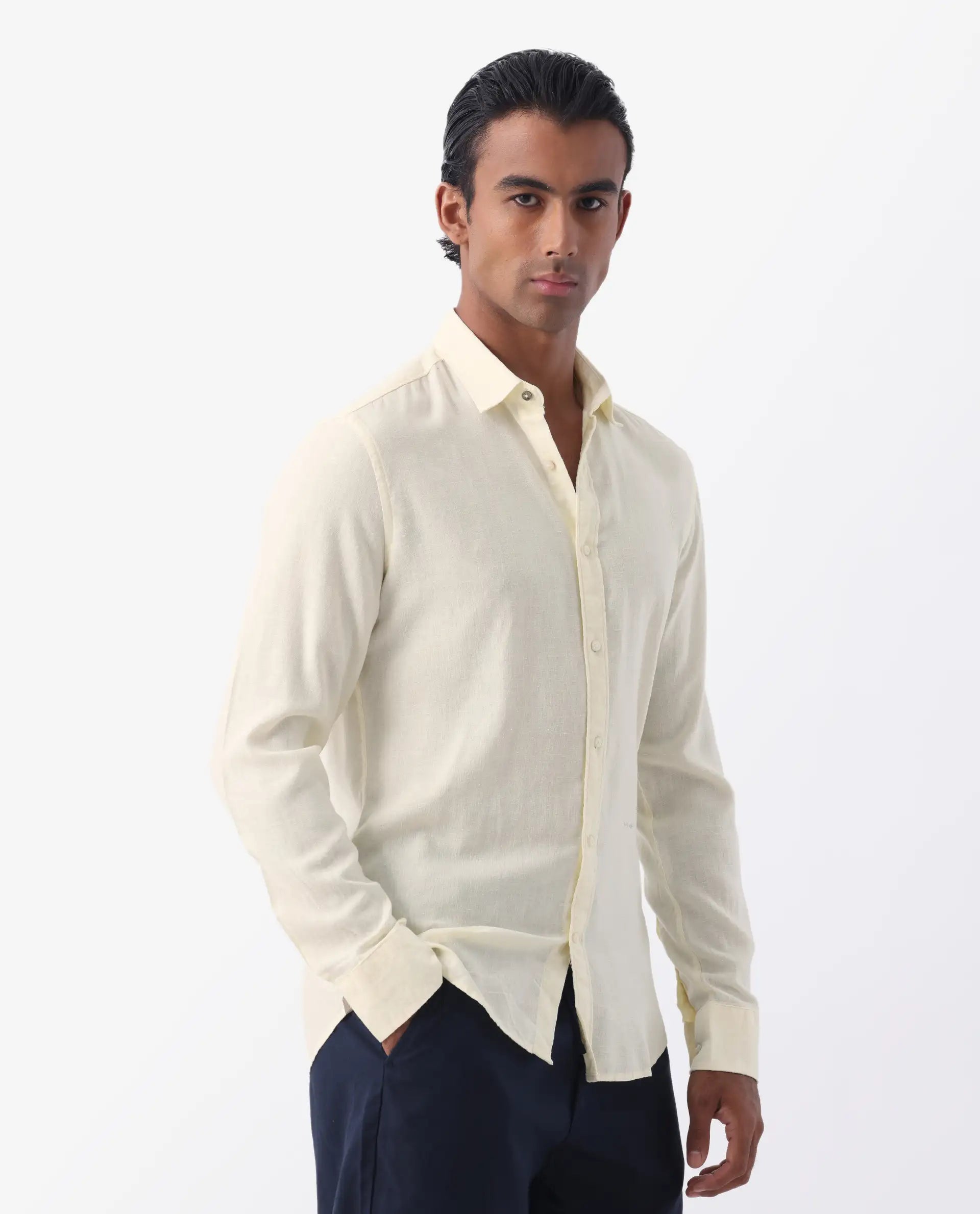Rare Rabbit Men's Naples Yellow Linen Blend Plain Regular Fit Full Sleeve Collared Shirt