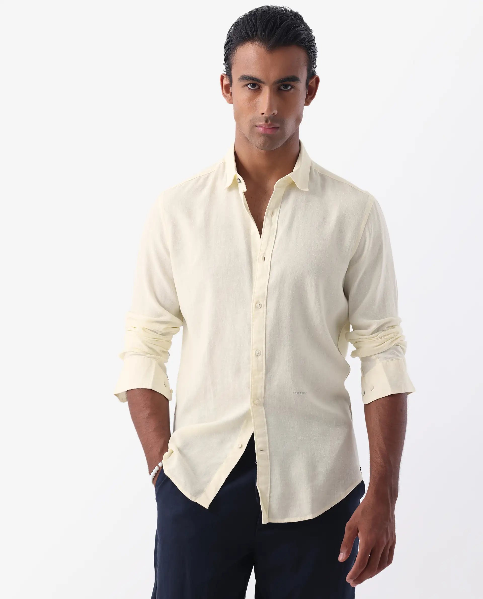 Rare Rabbit Men's Naples Yellow Linen Blend Plain Regular Fit Full Sleeve Collared Shirt