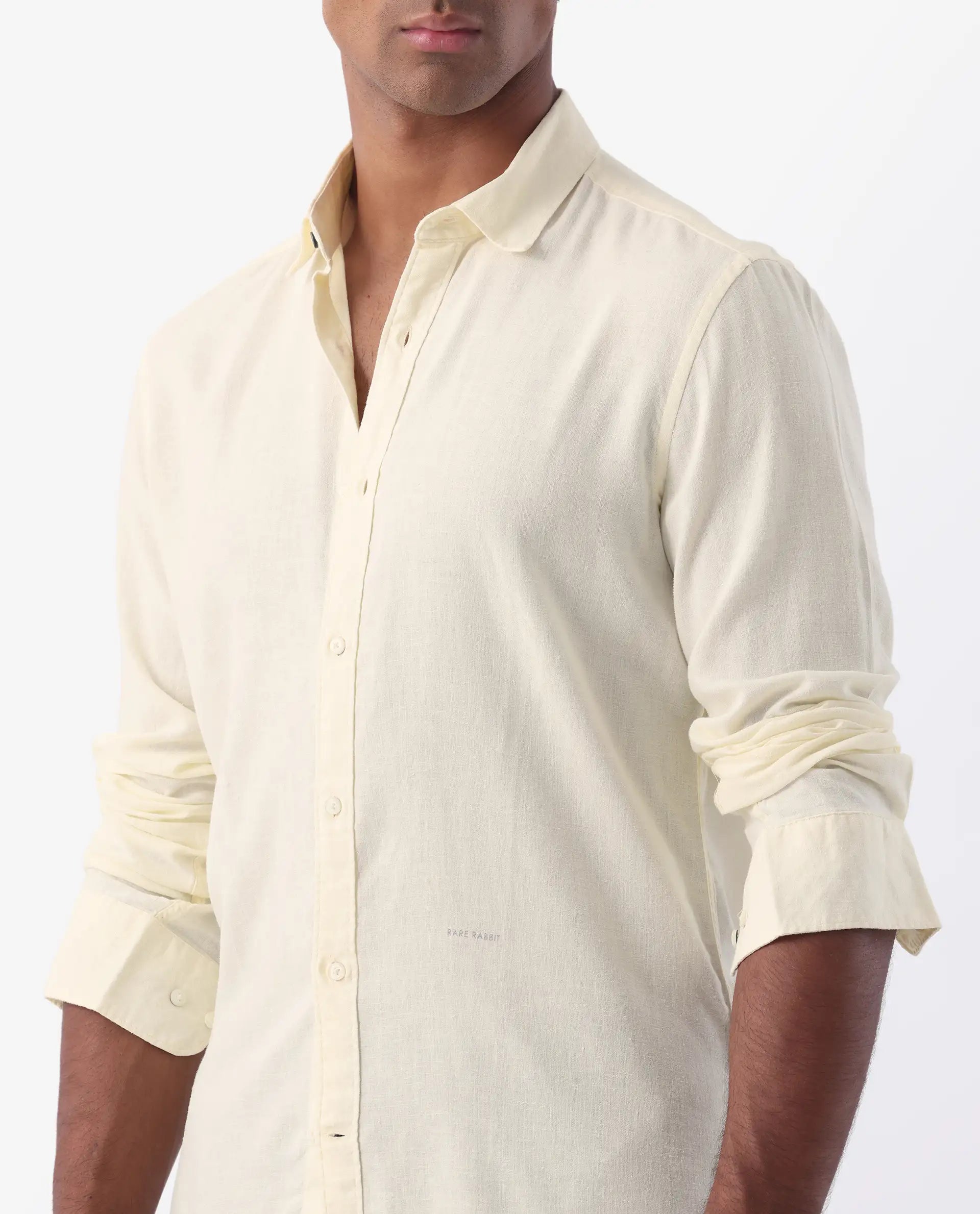 Rare Rabbit Men's Naples Yellow Linen Blend Plain Regular Fit Full Sleeve Collared Shirt