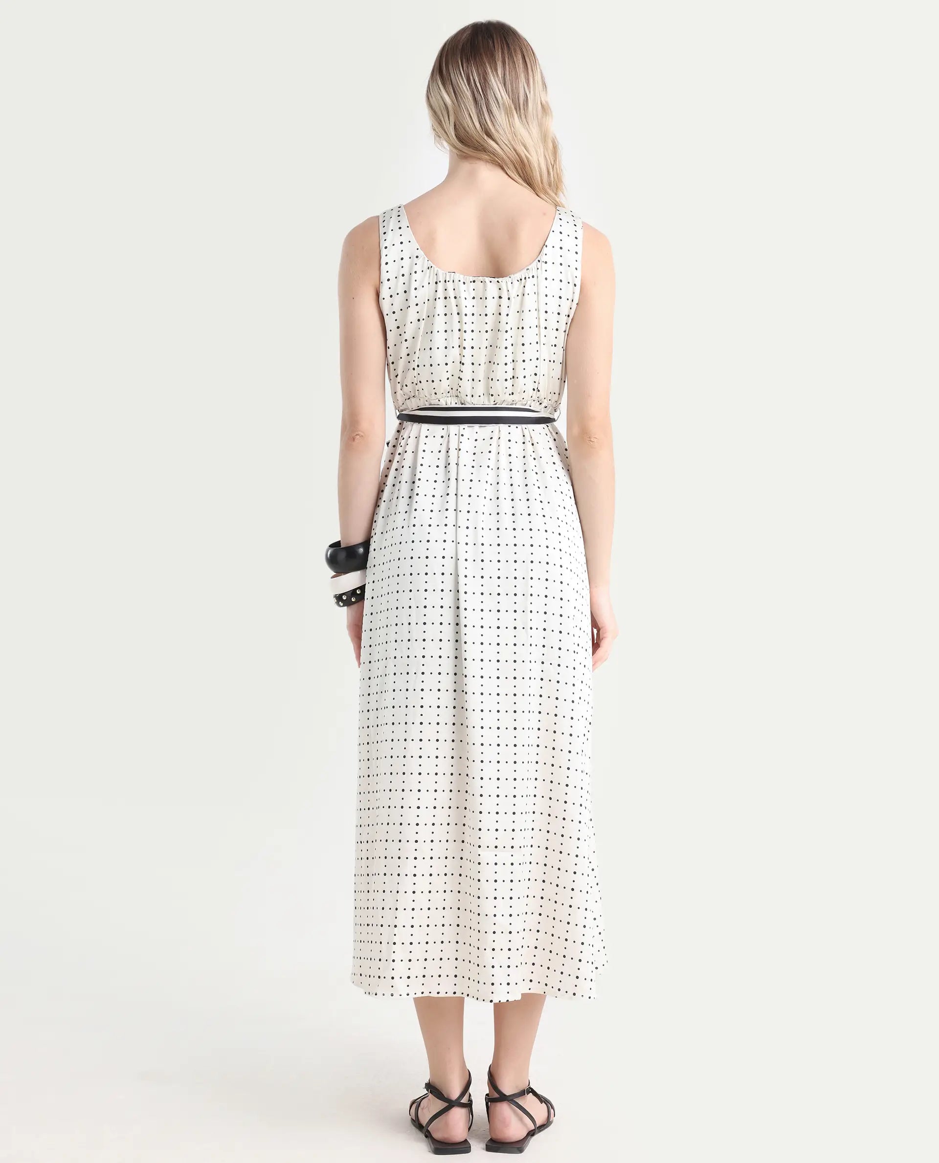 Rareism Women's Narcissa Beige Polyester Boat Neck Polka Print Sleeveless Knee Length Regular Fit Dress