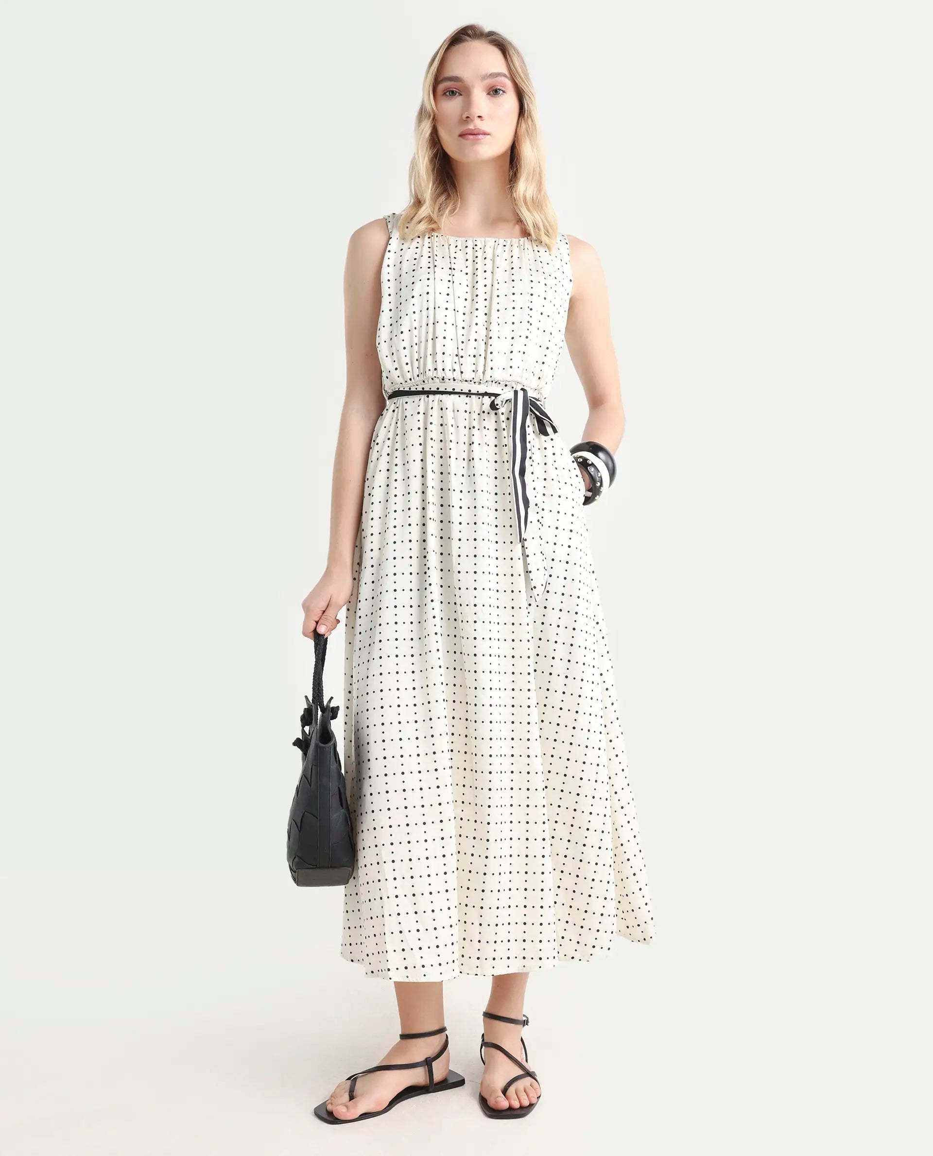 Rareism Women's Narcissa Beige Polyester Boat Neck Polka Print Sleeveless Knee Length Regular Fit Dress