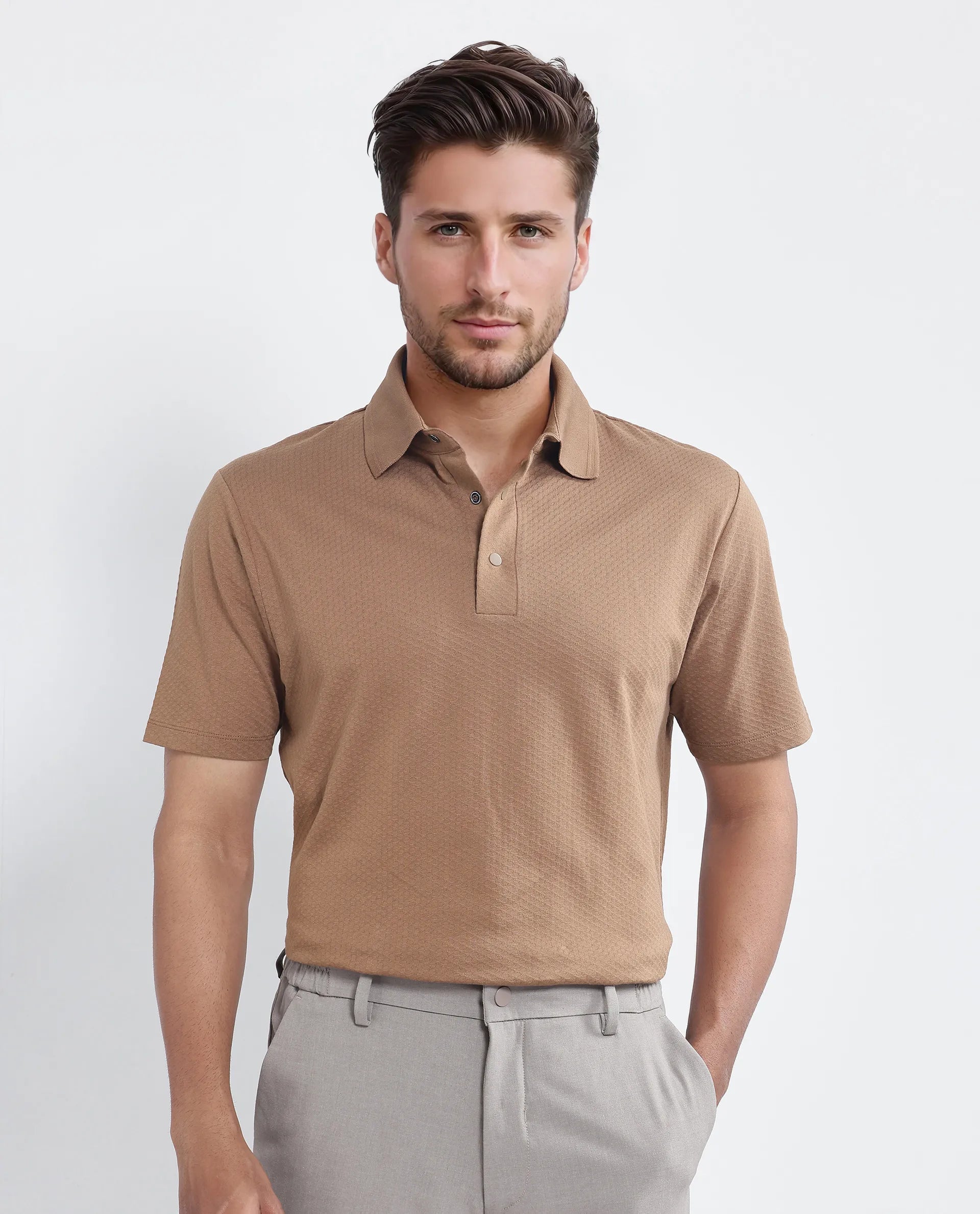 Rare Rabbit Men Nark Dusky Brown Cotton Fabric Short Sleeve Collared Neck Snap Button Plain Polo