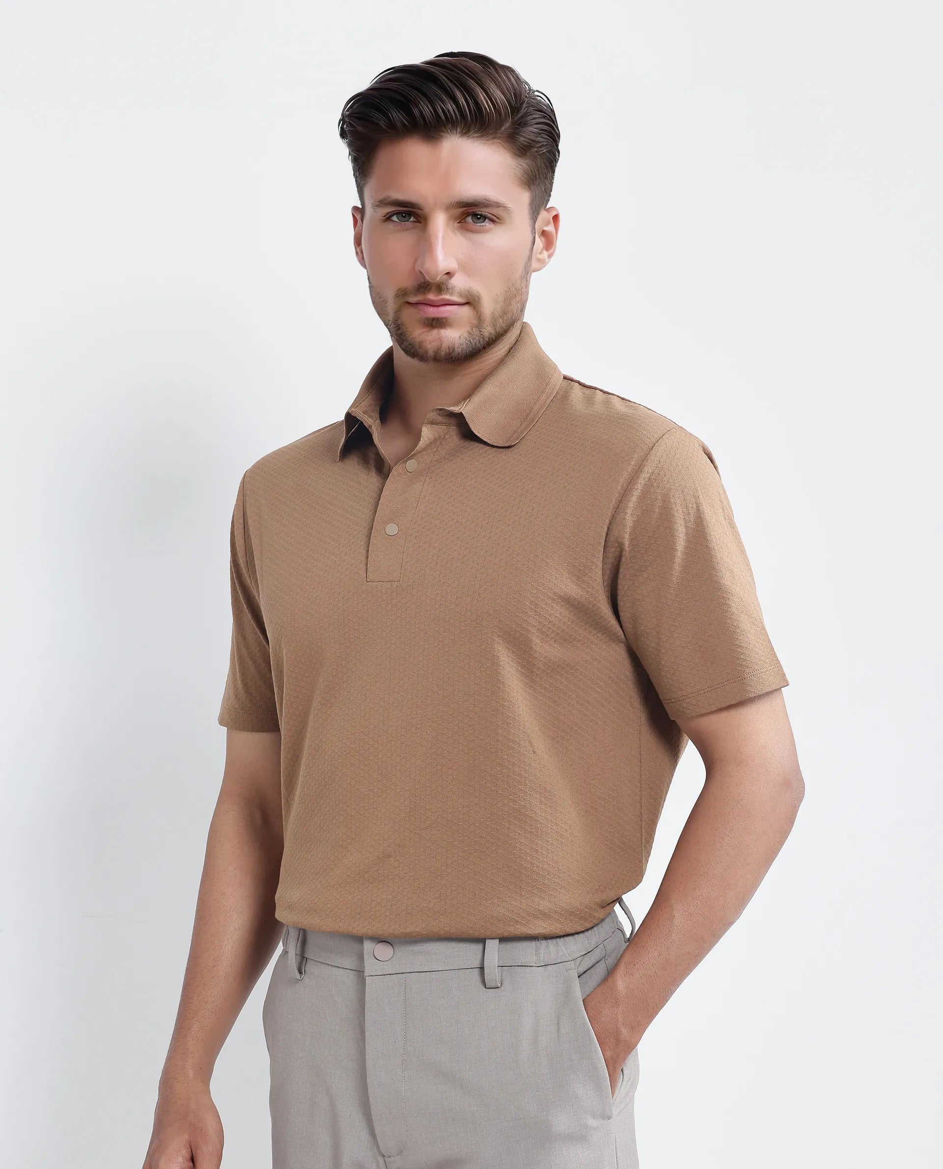 Rare Rabbit Men Nark Dusky Brown Cotton Fabric Short Sleeve Collared Neck Snap Button Plain Polo
