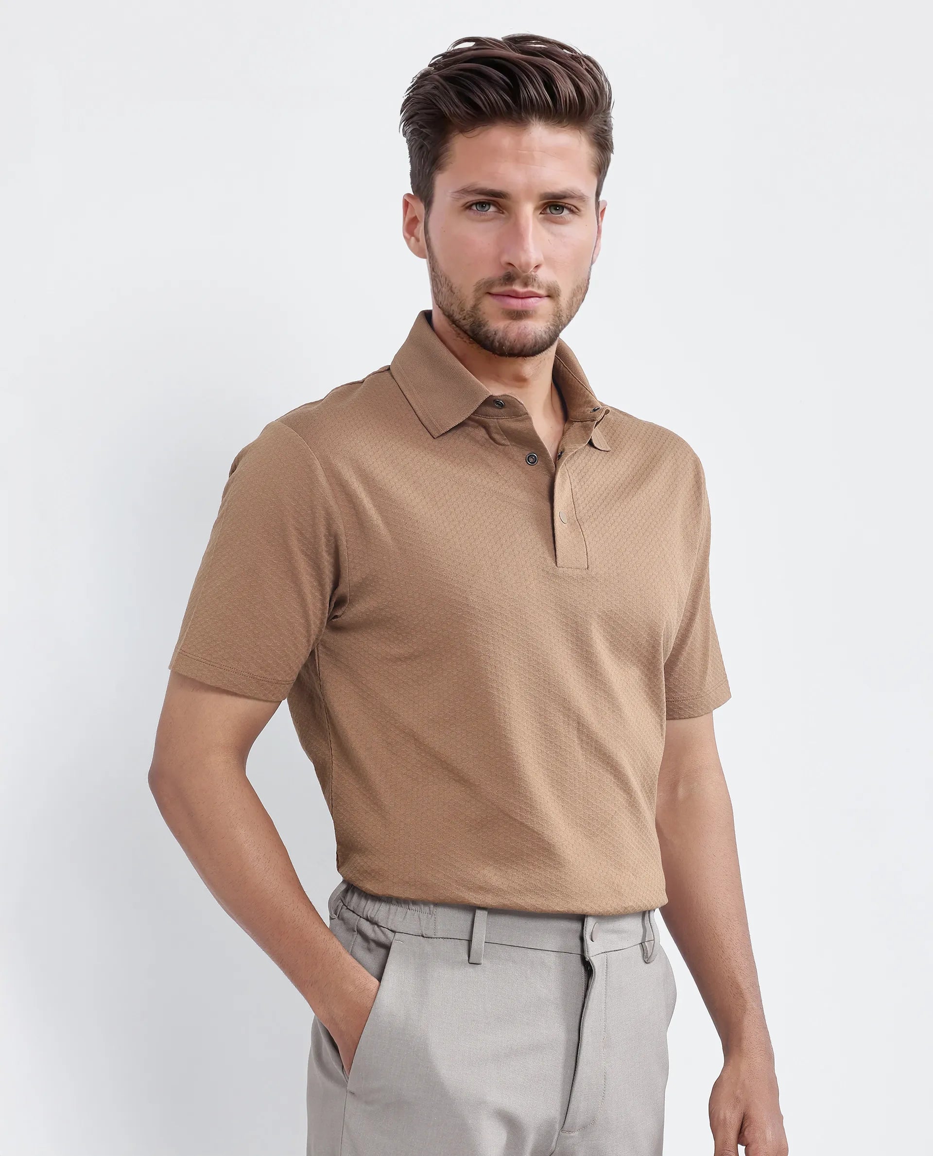Rare Rabbit Men Nark Dusky Brown Cotton Fabric Short Sleeve Collared Neck Snap Button Plain Polo