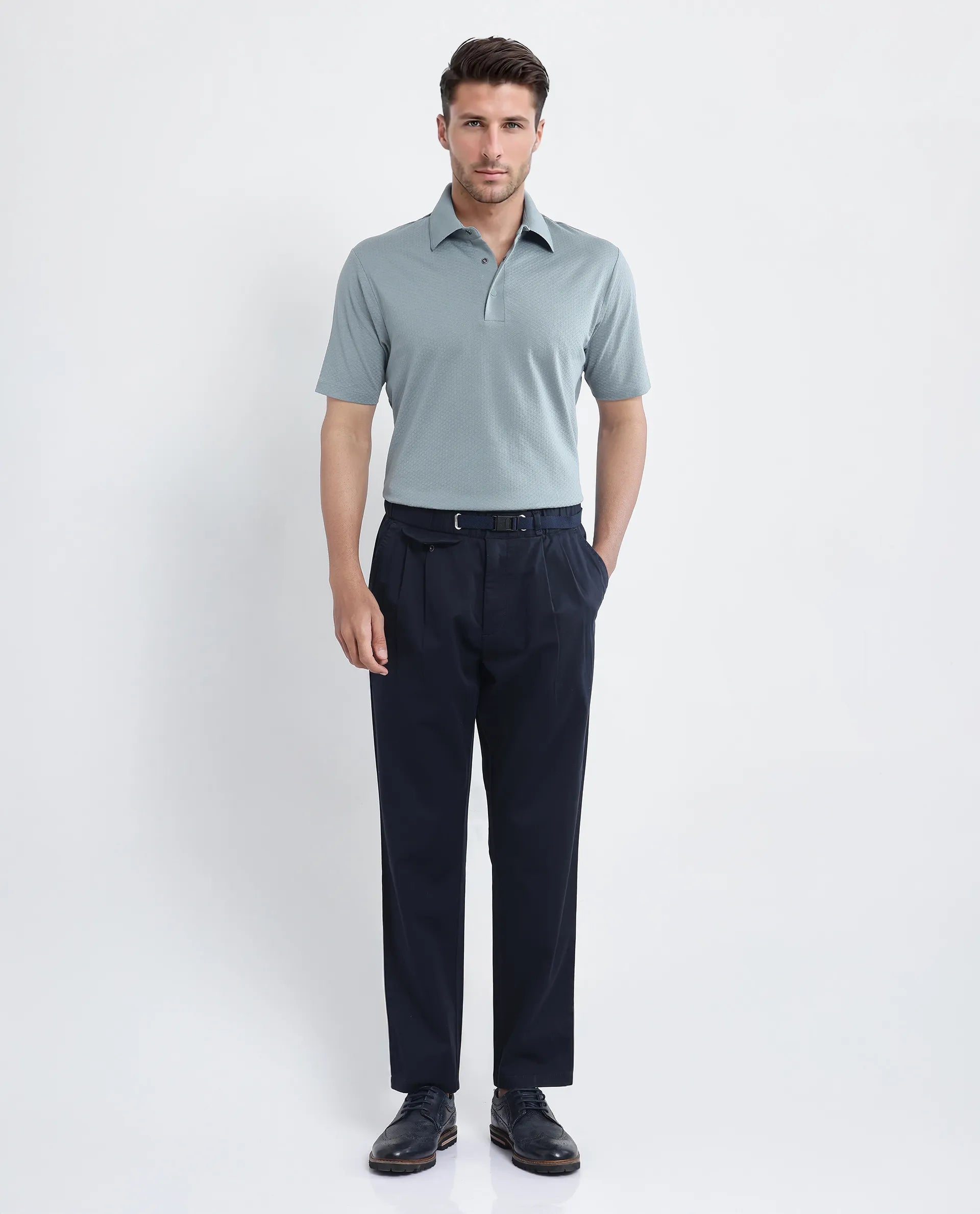 Rare Rabbit Men Nark Dusky Green Cotton Fabric Short Sleeve Collared Neck Snap Button Plain Polo