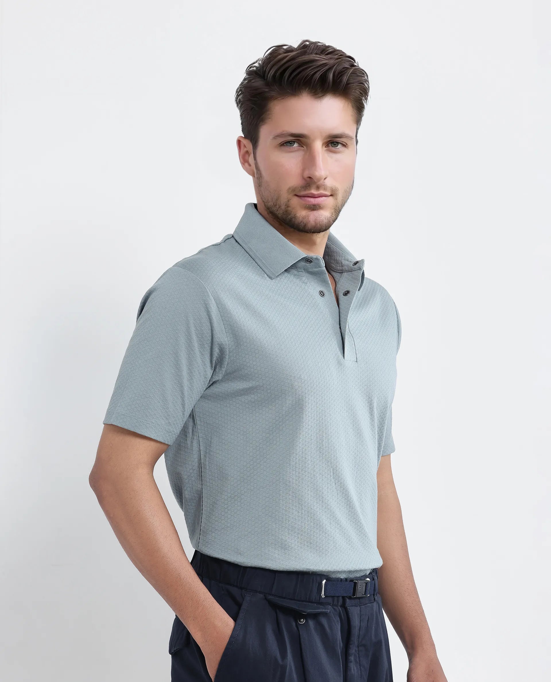 Rare Rabbit Men Nark Dusky Green Cotton Fabric Short Sleeve Collared Neck Snap Button Plain Polo