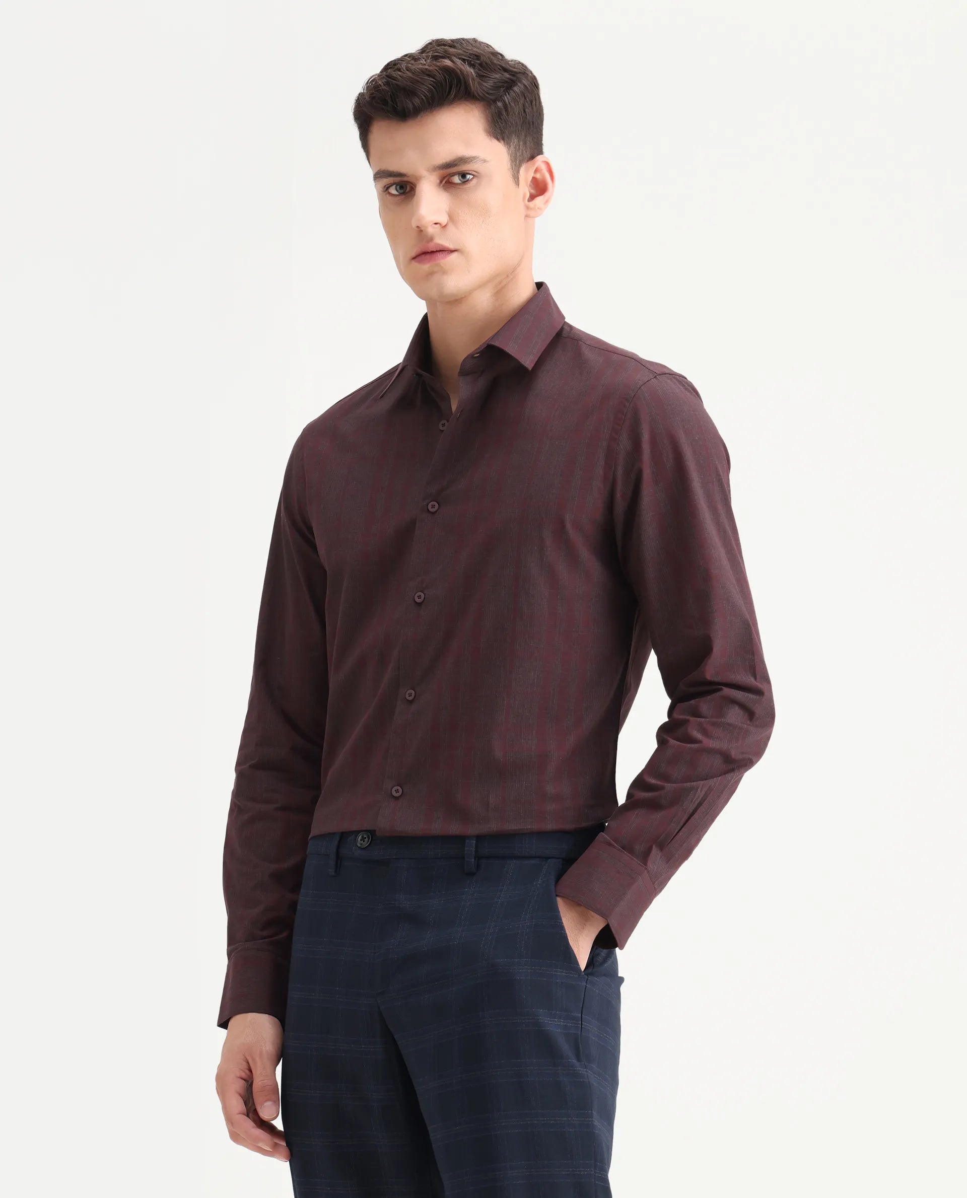 Rare Rabbit Men's Naro-25 Dark Red Cotton Checked Print Regular Fit Full Sleeve Spread Collar Shirt