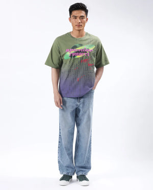 Rare Rabbit Men's Nas Olive Cotton Graphic Print Oversized Fit Half Sleeve Crew Neck T-Shirt
