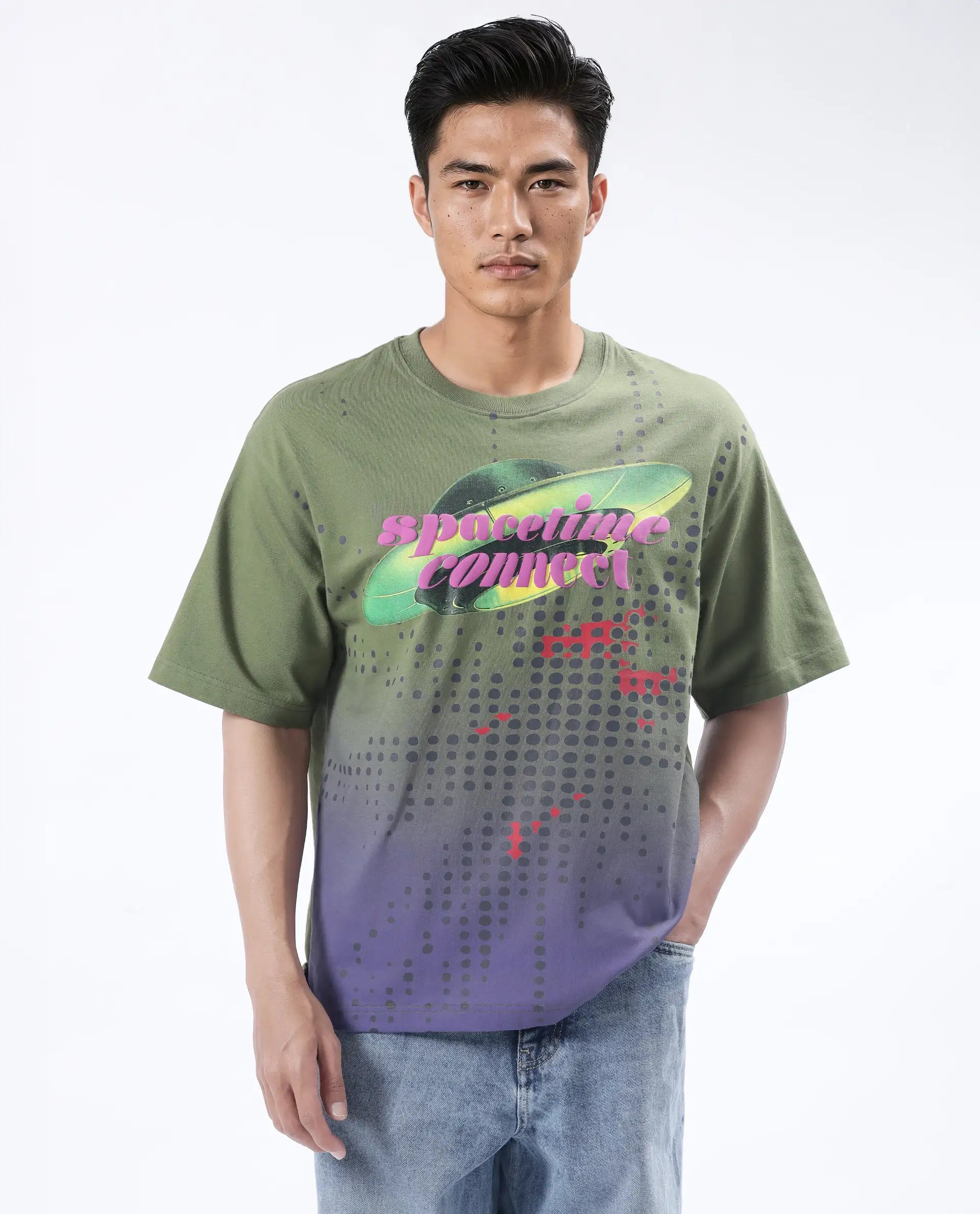Rare Rabbit Men's Nas Olive Cotton Graphic Print Oversized Fit Half Sleeve Crew Neck T-Shirt