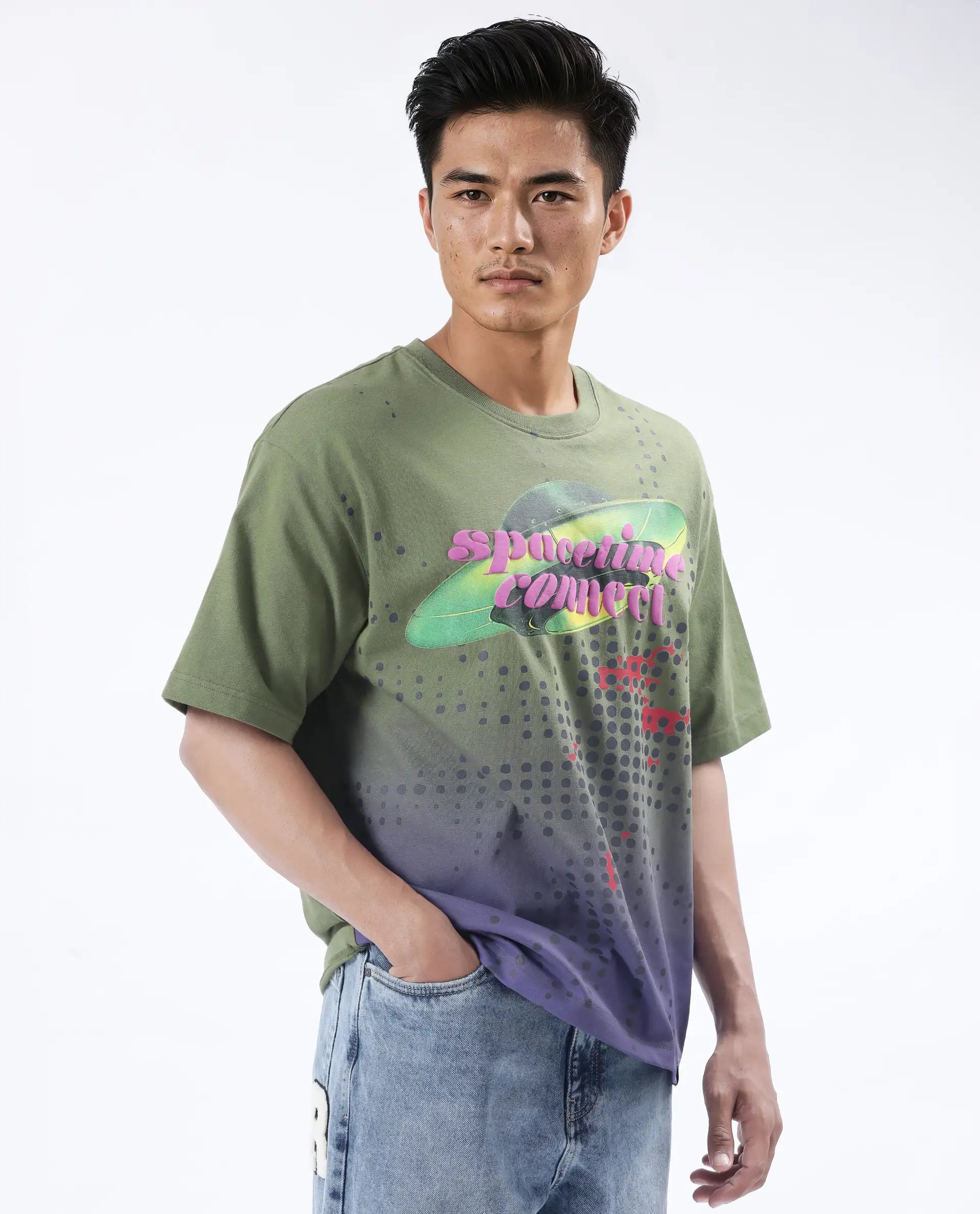 Rare Rabbit Men's Nas Olive Cotton Graphic Print Oversized Fit Half Sleeve Crew Neck T-Shirt