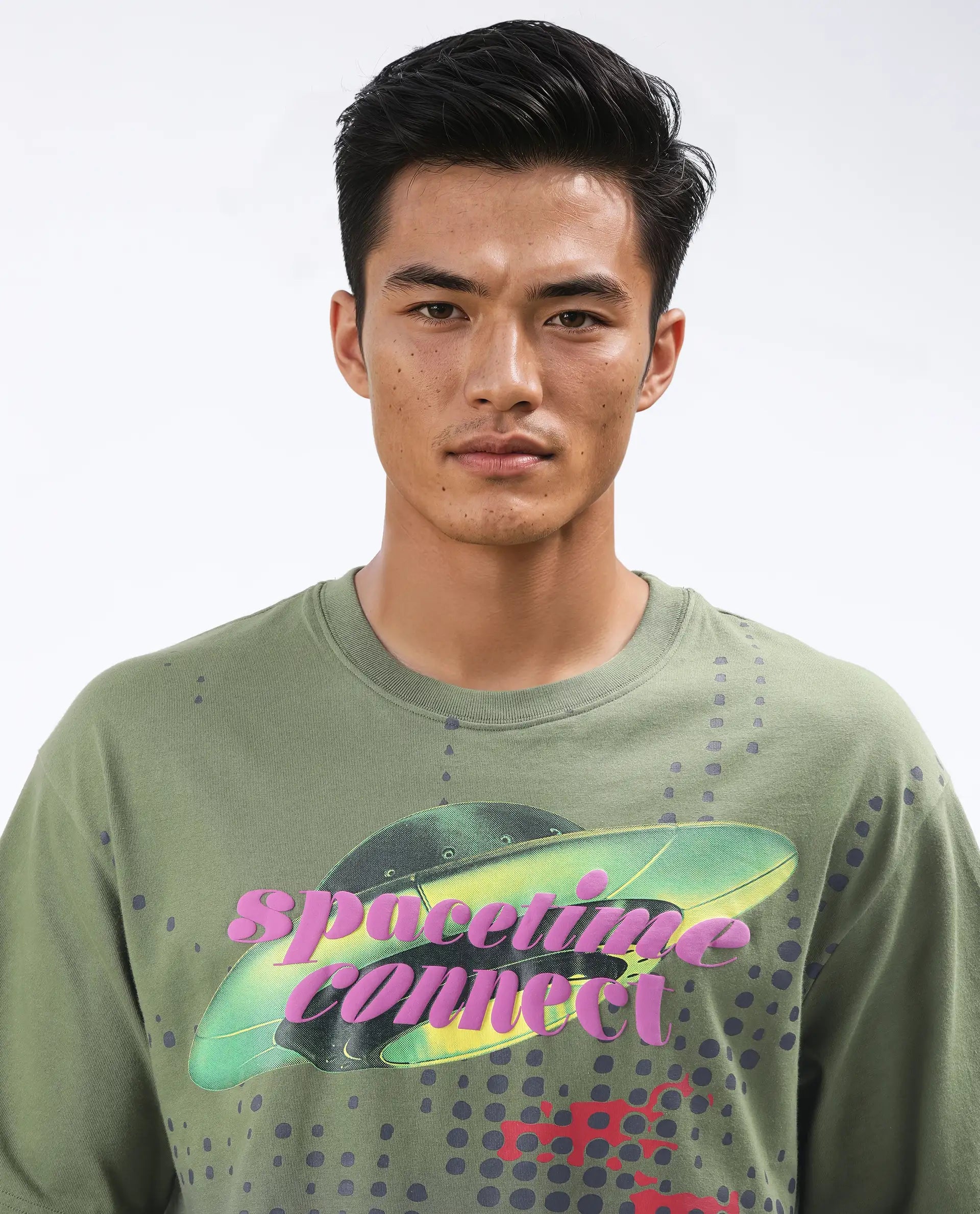 Rare Rabbit Men's Nas Olive Cotton Graphic Print Oversized Fit Half Sleeve Crew Neck T-Shirt