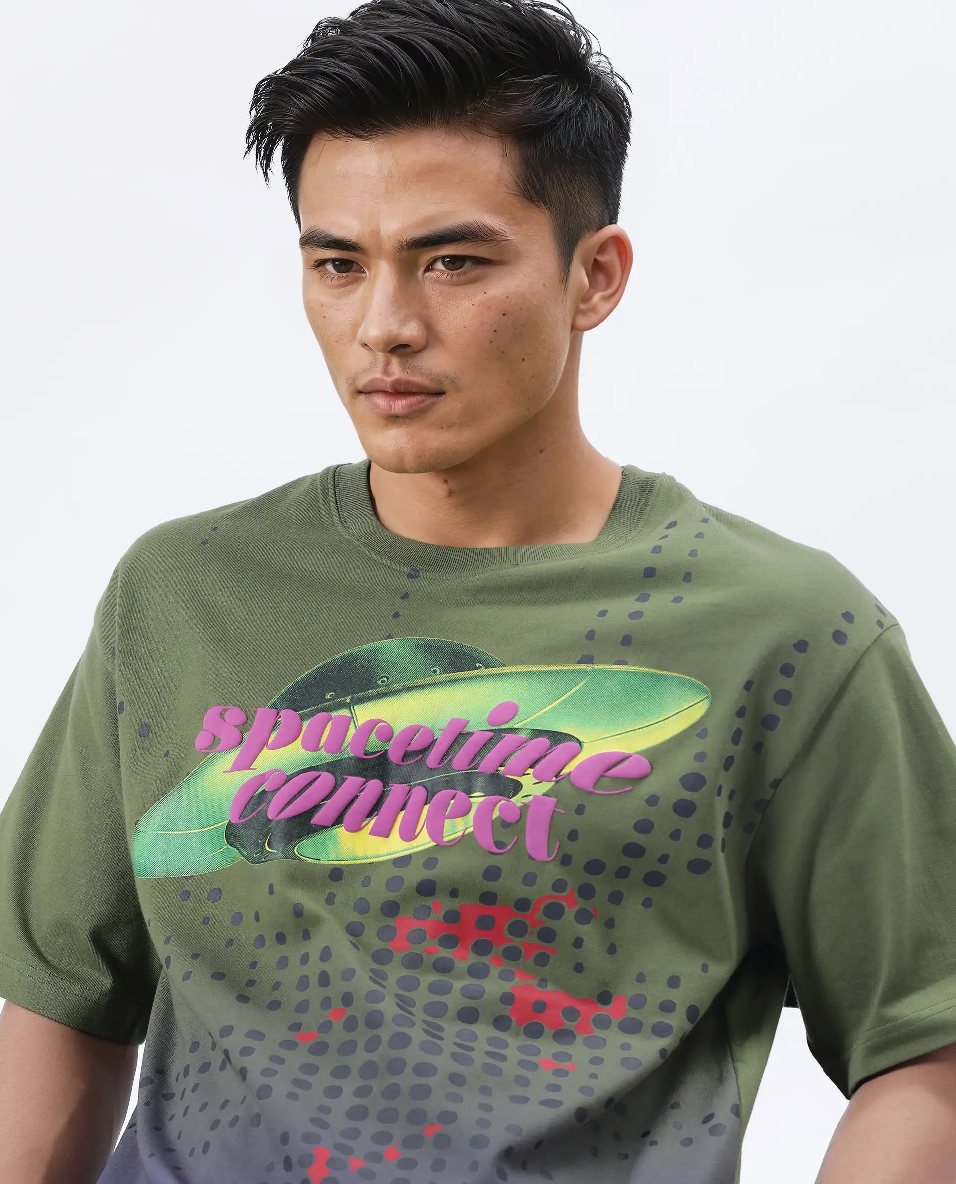 Rare Rabbit Men's Nas Olive Cotton Graphic Print Oversized Fit Half Sleeve Crew Neck T-Shirt