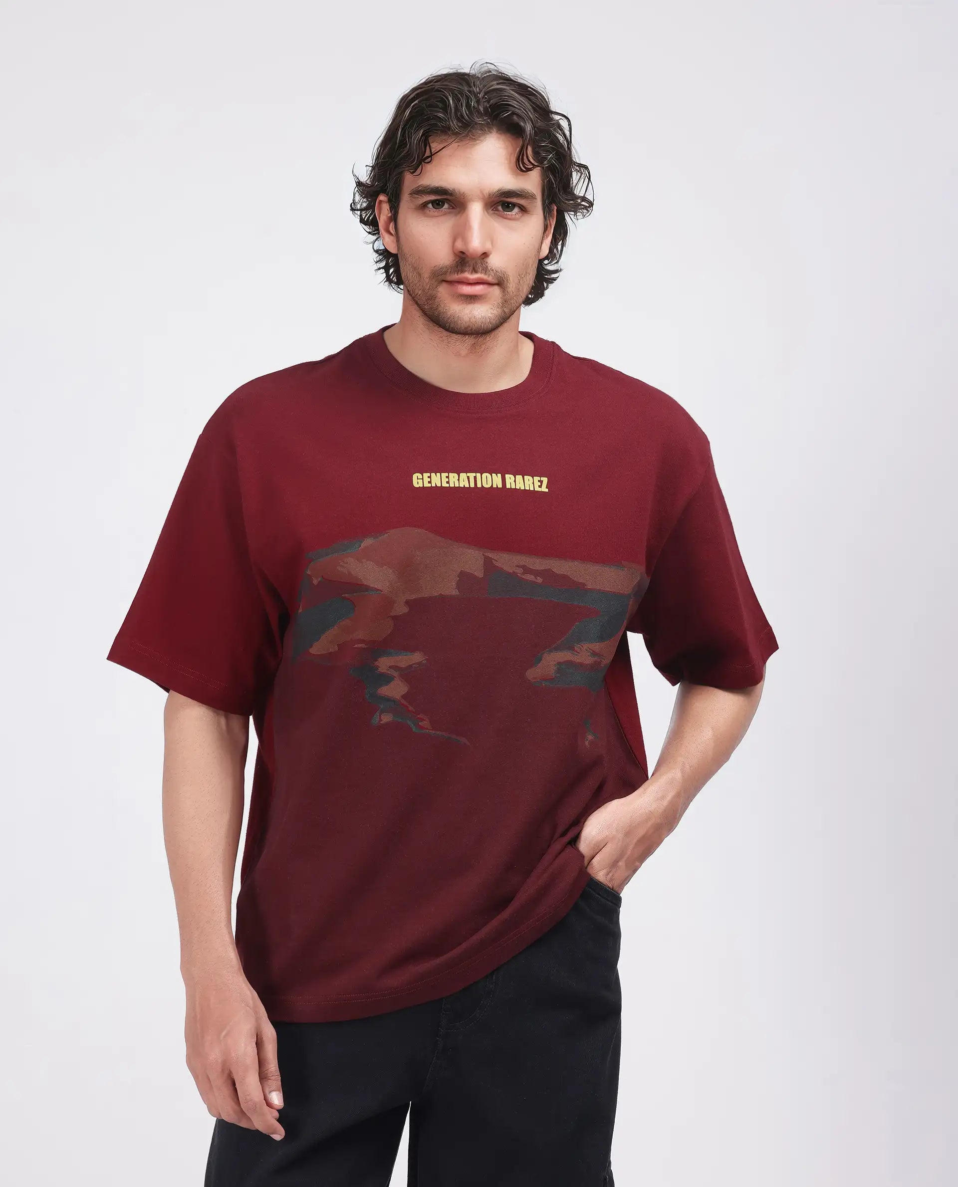 Rare Rabbit Men Naso Red Cotton Fabric Short Sleeve Crew Neck Oversized Fit Ombre T-Shirt