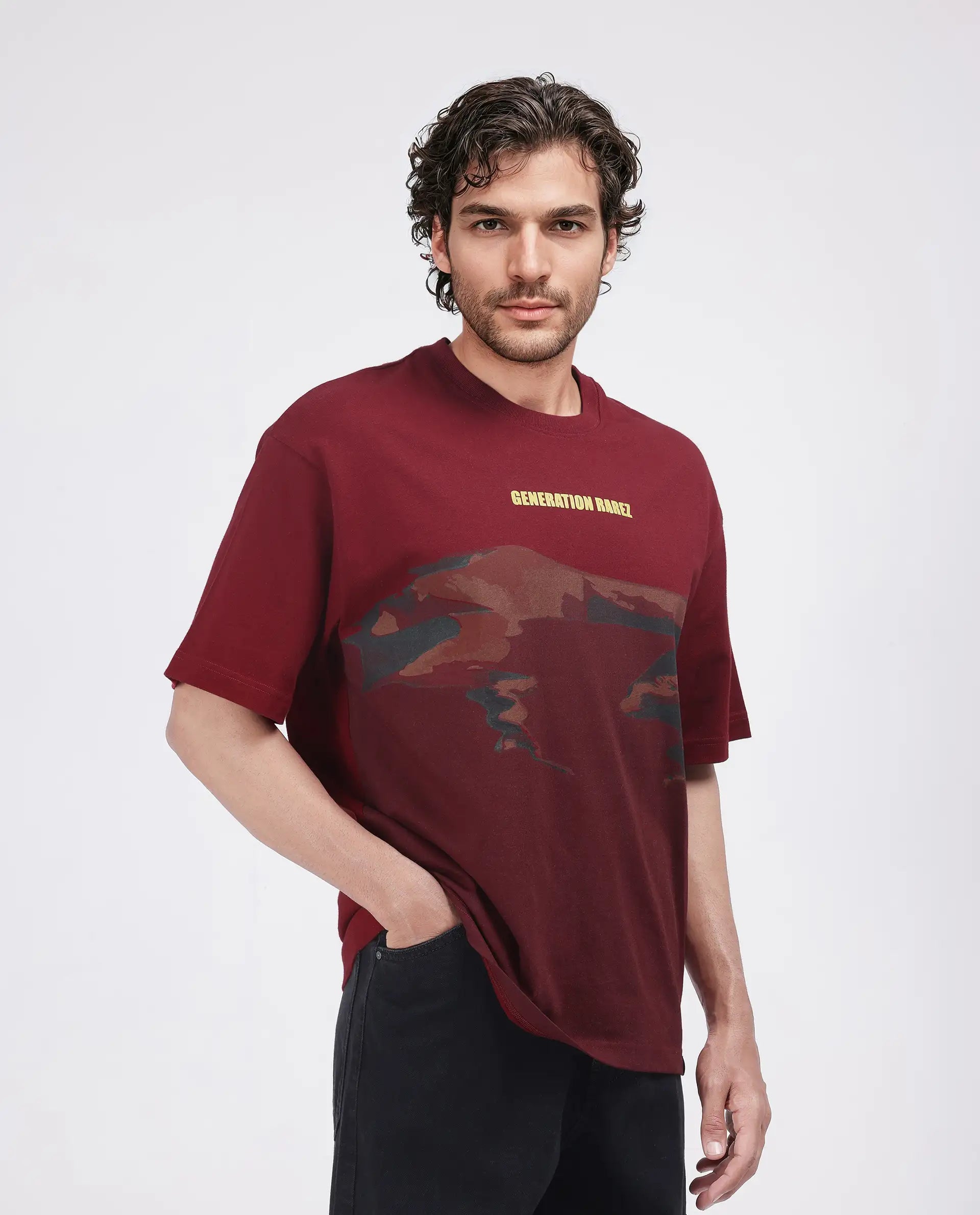 Rare Rabbit Men Naso Red Cotton Fabric Short Sleeve Crew Neck Oversized Fit Ombre T-Shirt