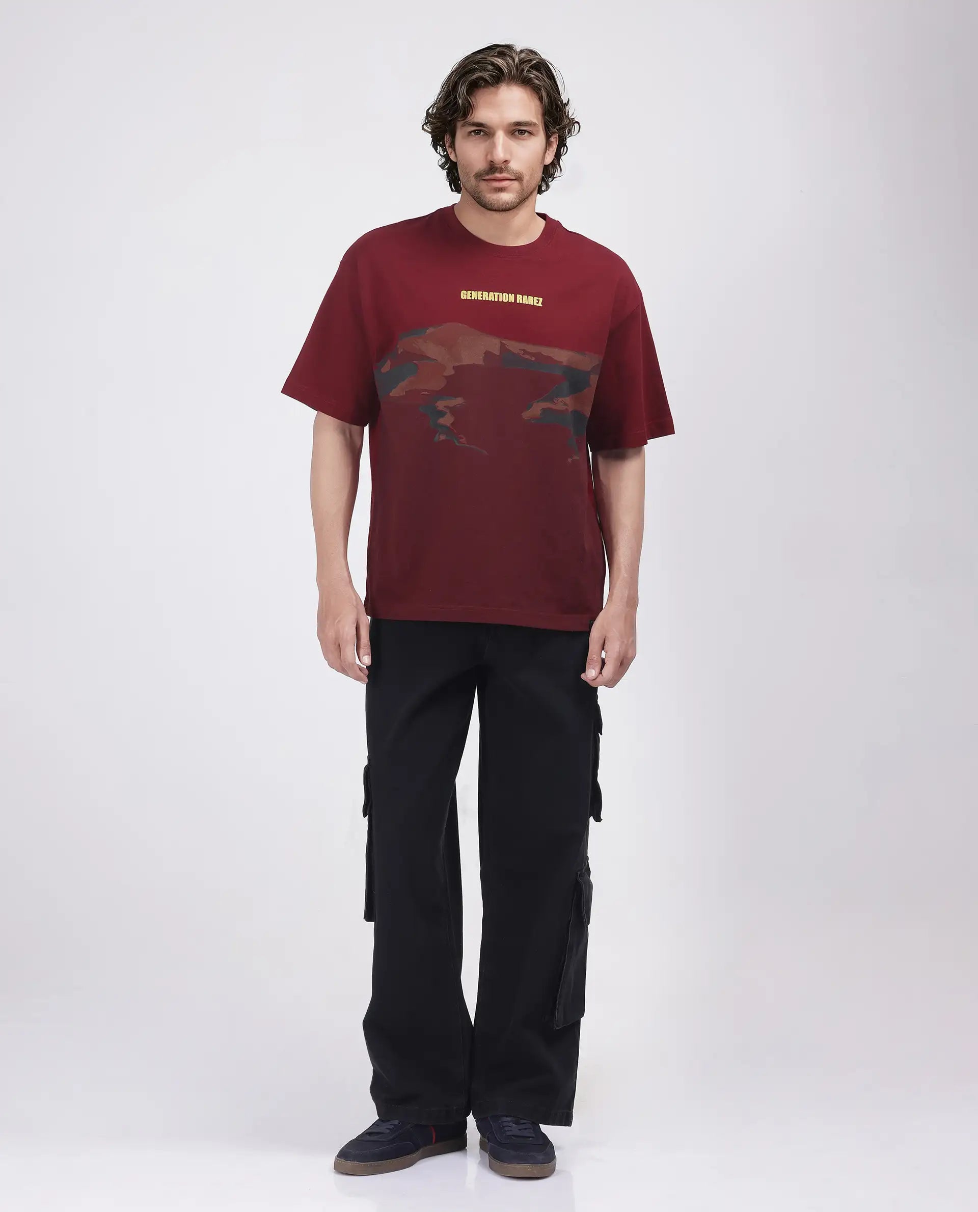 Rare Rabbit Men Naso Red Cotton Fabric Short Sleeve Crew Neck Oversized Fit Ombre T-Shirt