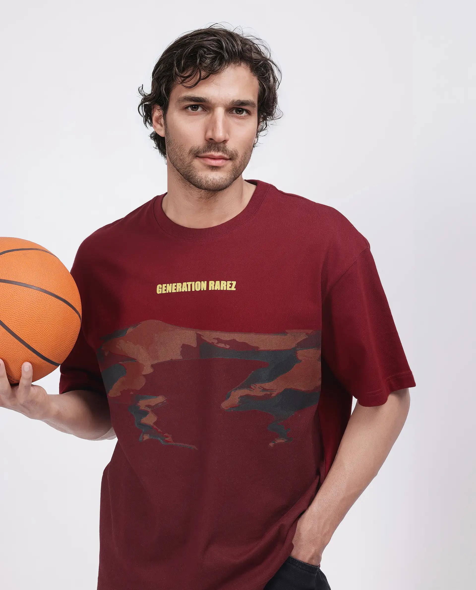 Rare Rabbit Men Naso Red Cotton Fabric Short Sleeve Crew Neck Oversized Fit Ombre T-Shirt