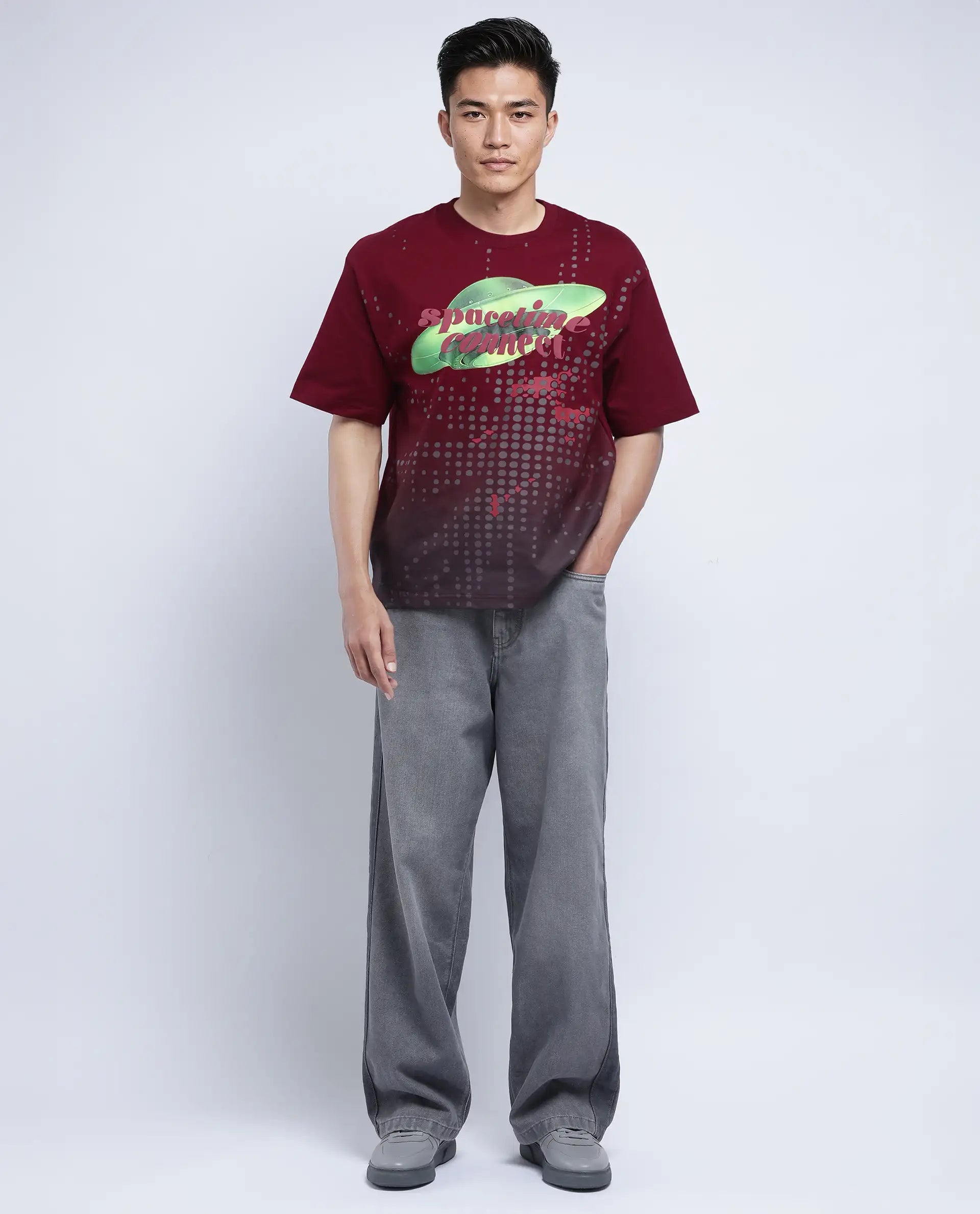 Rare Rabbit Men's Nas Red Cotton Graphic Print Oversized Fit Half Sleeve Crew Neck T-Shirt