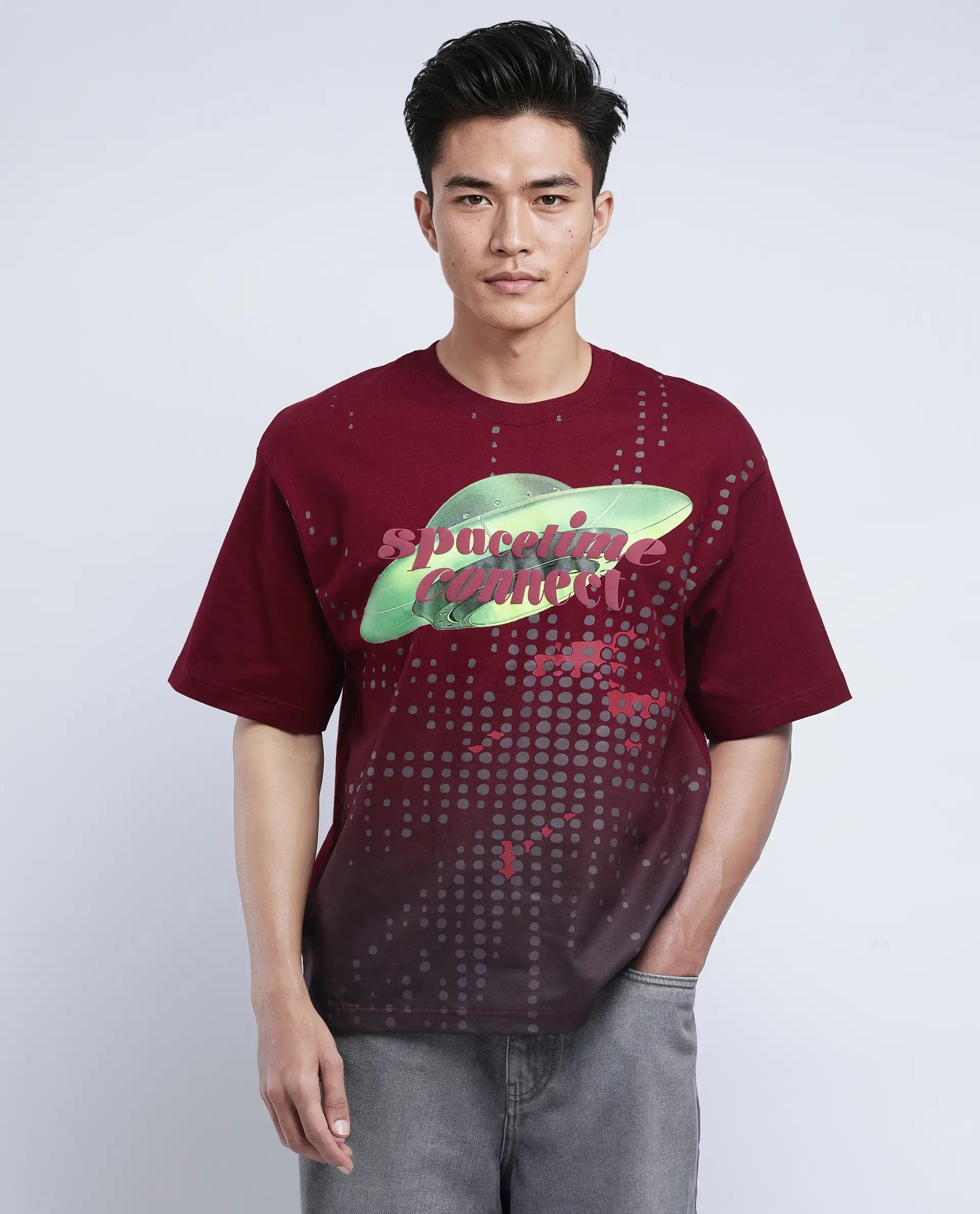 Rare Rabbit Men's Nas Red Cotton Graphic Print Oversized Fit Half Sleeve Crew Neck T-Shirt