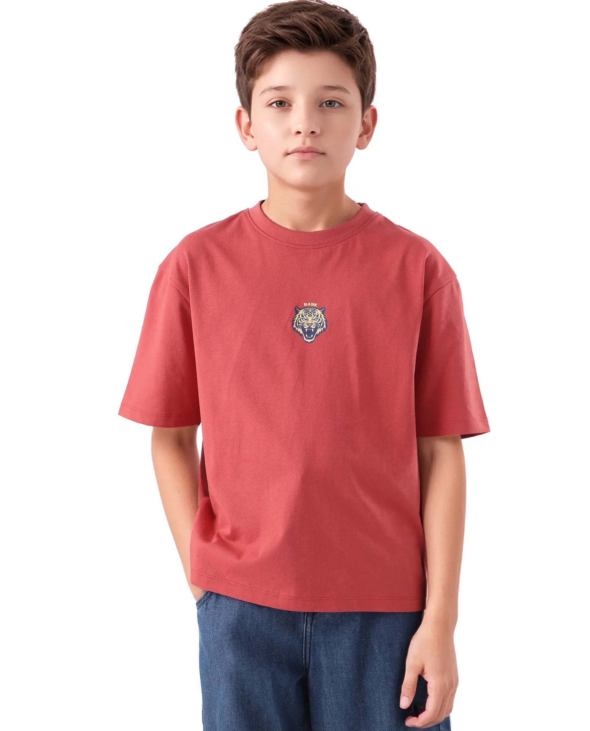 Rare Ones Kids Nate-T Dusky Red Cotton Printed Slip-On Oversized Fit T-Shirt